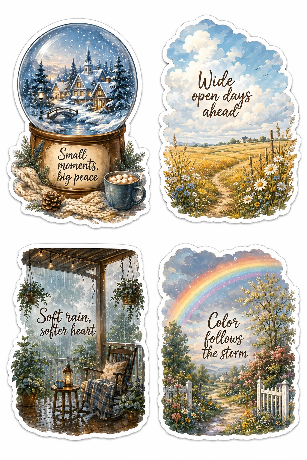 Small Moments Peace Wide Open Days Rain Sheet featuring scenic nature landscapes, peaceful weather aesthetic, seasonal changes, and calm quotes.