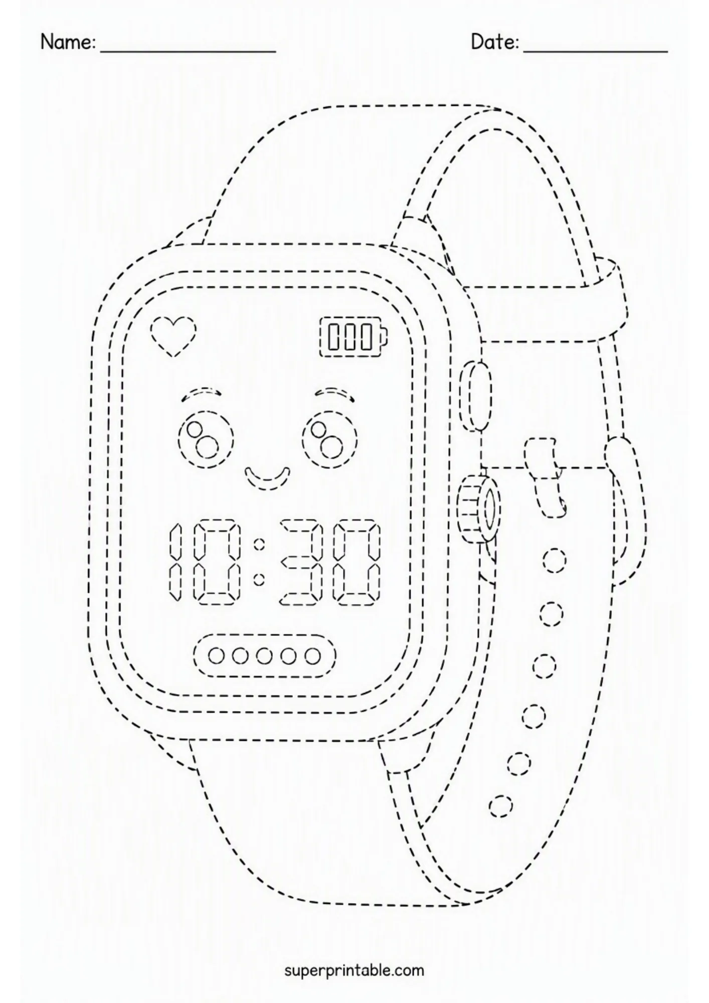 Cute smartwatch with digital face printable line tracing exercise sheet.