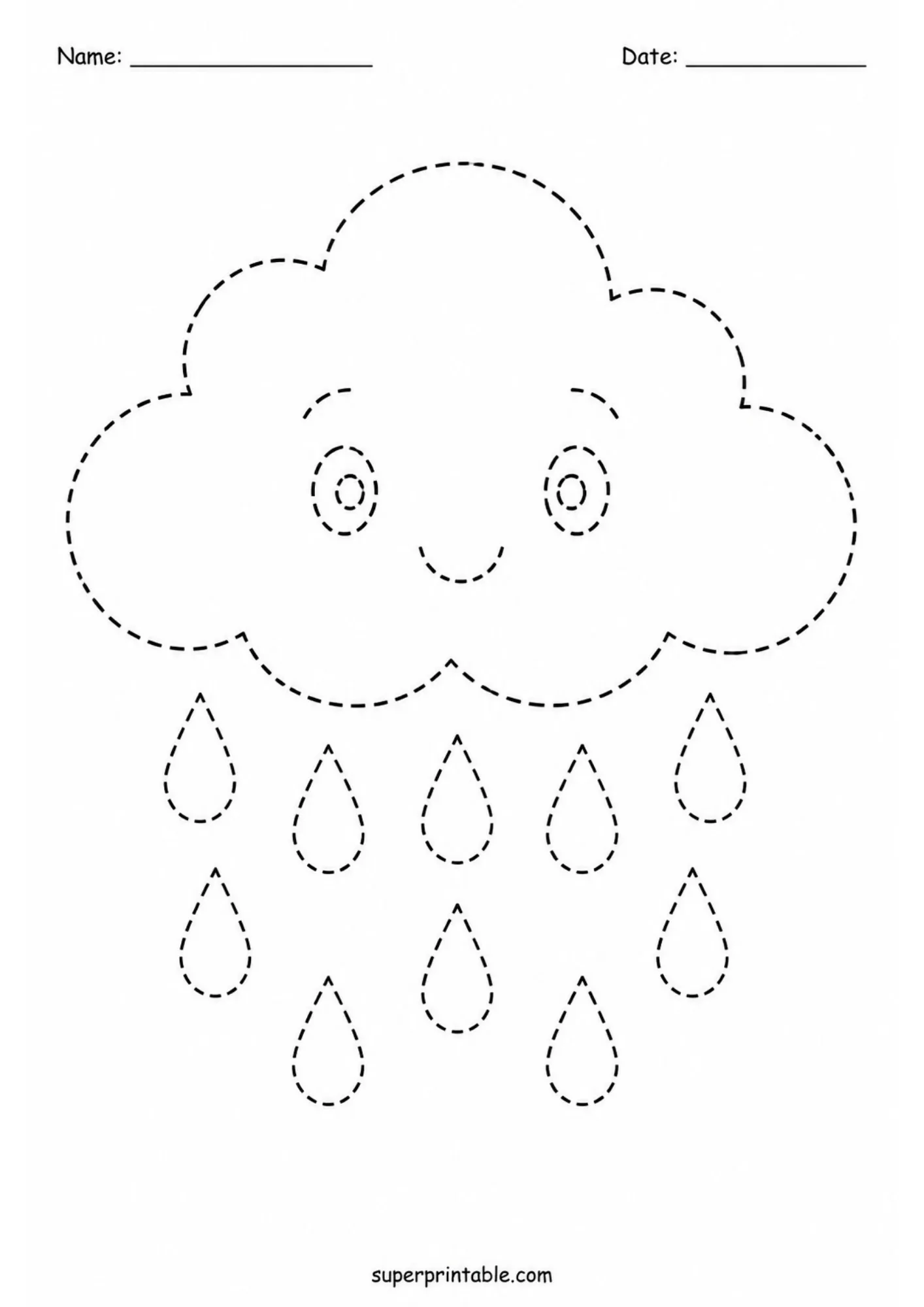 Black and white tracing worksheet of a smiling cloud with ten dashed teardrop raindrops falling underneath.