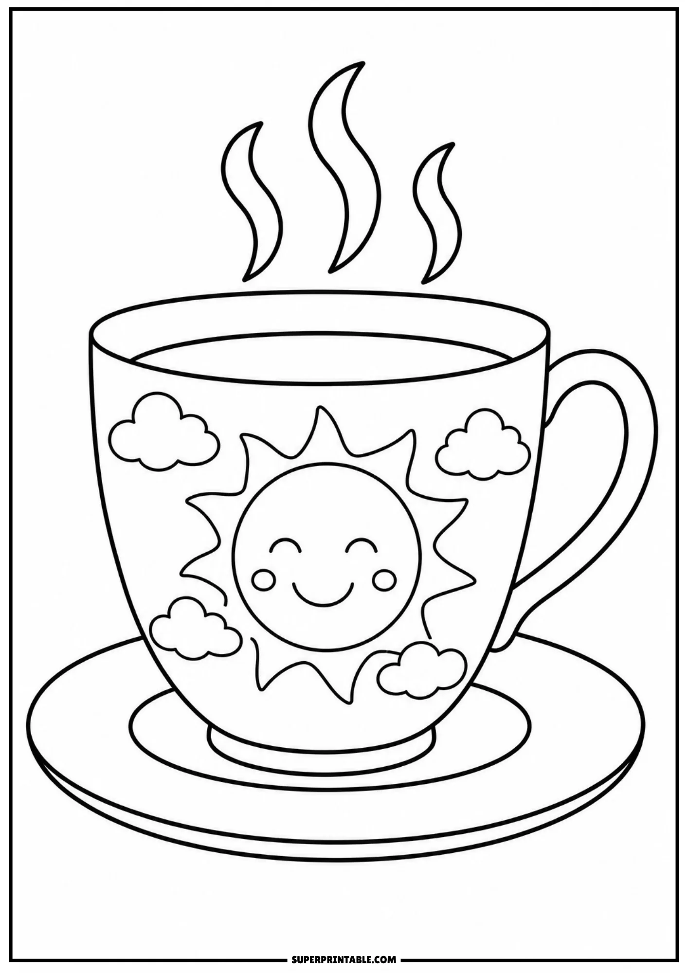 Steaming teacup illustration on a saucer with a smiling cartoon sun face surrounded by four puffy clouds.