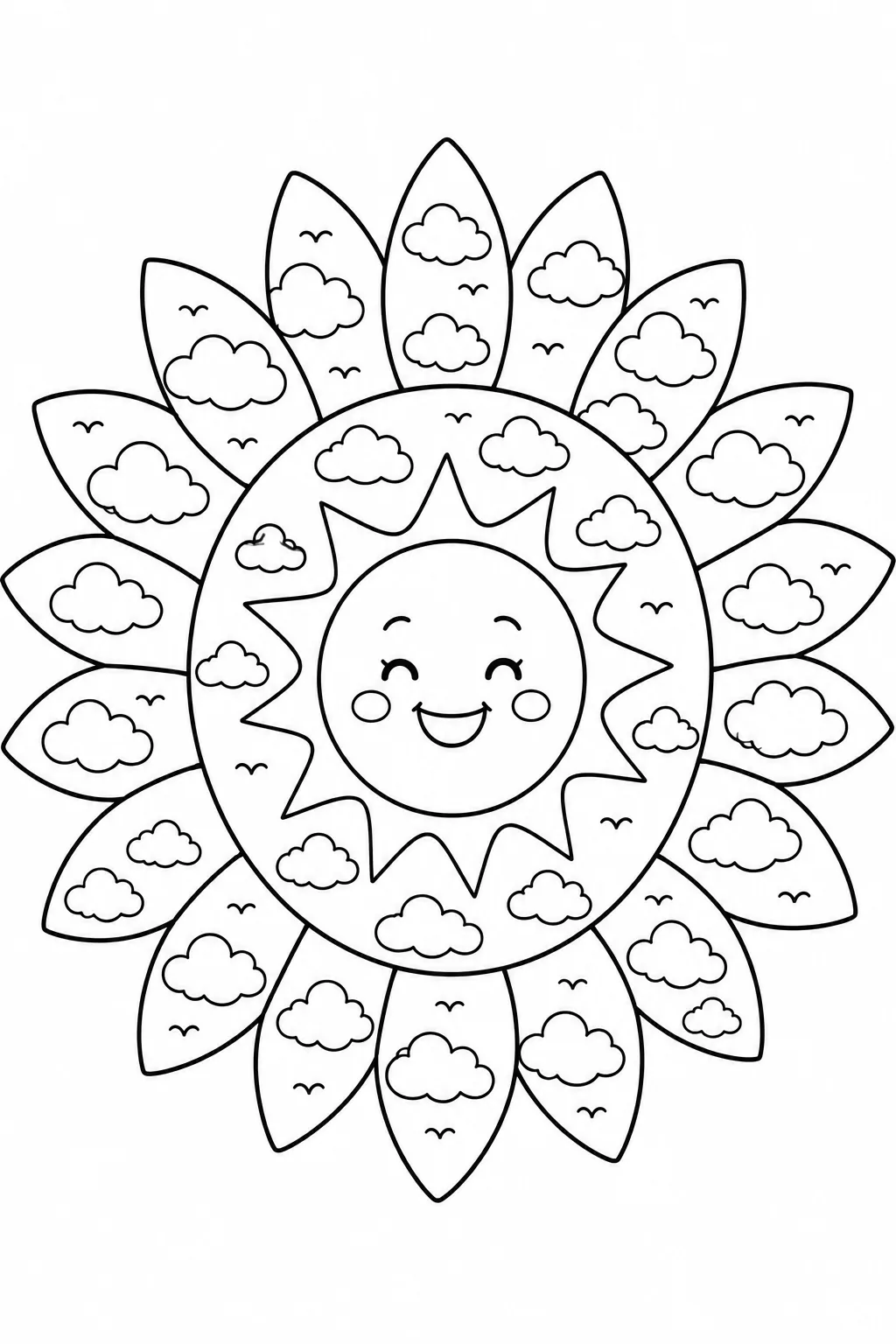 Happy smiling sun surrounded by clouds and tiny birds inside a sunflower outline page.