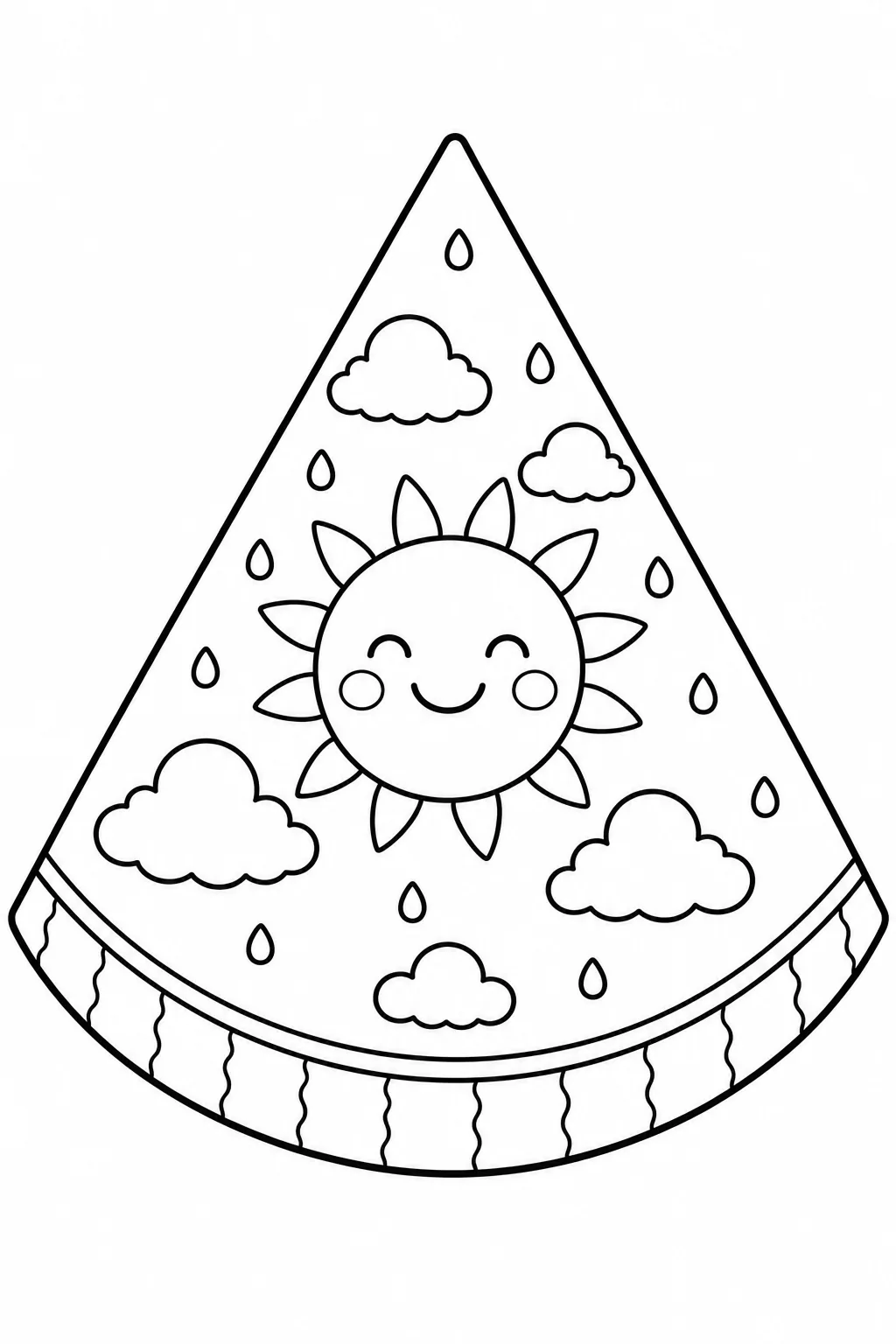 Central smiling sun surrounded by clouds inside a watermelon slice coloring page.