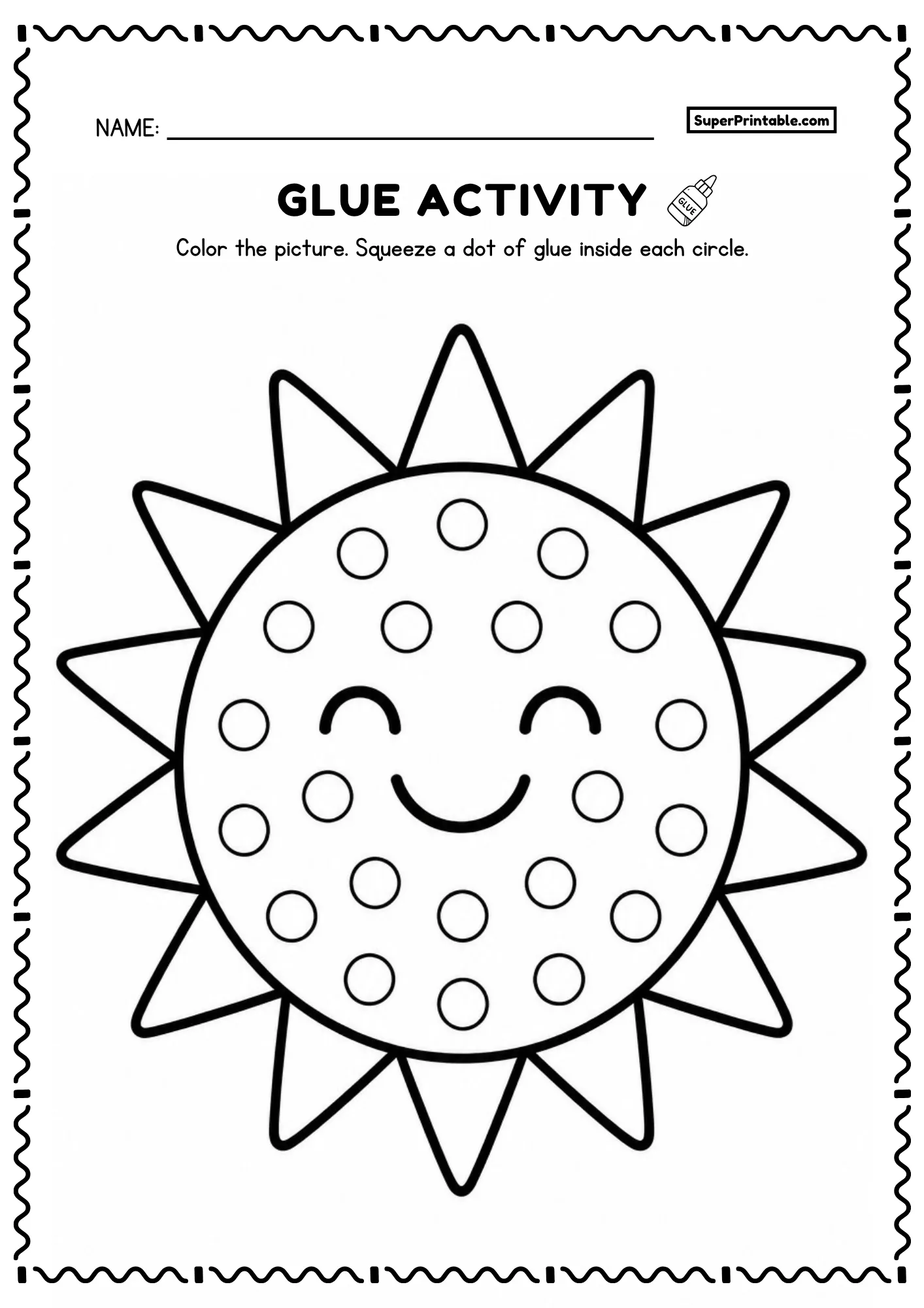 Smiling sun glue worksheet with round dots and bold rays for preschool children
