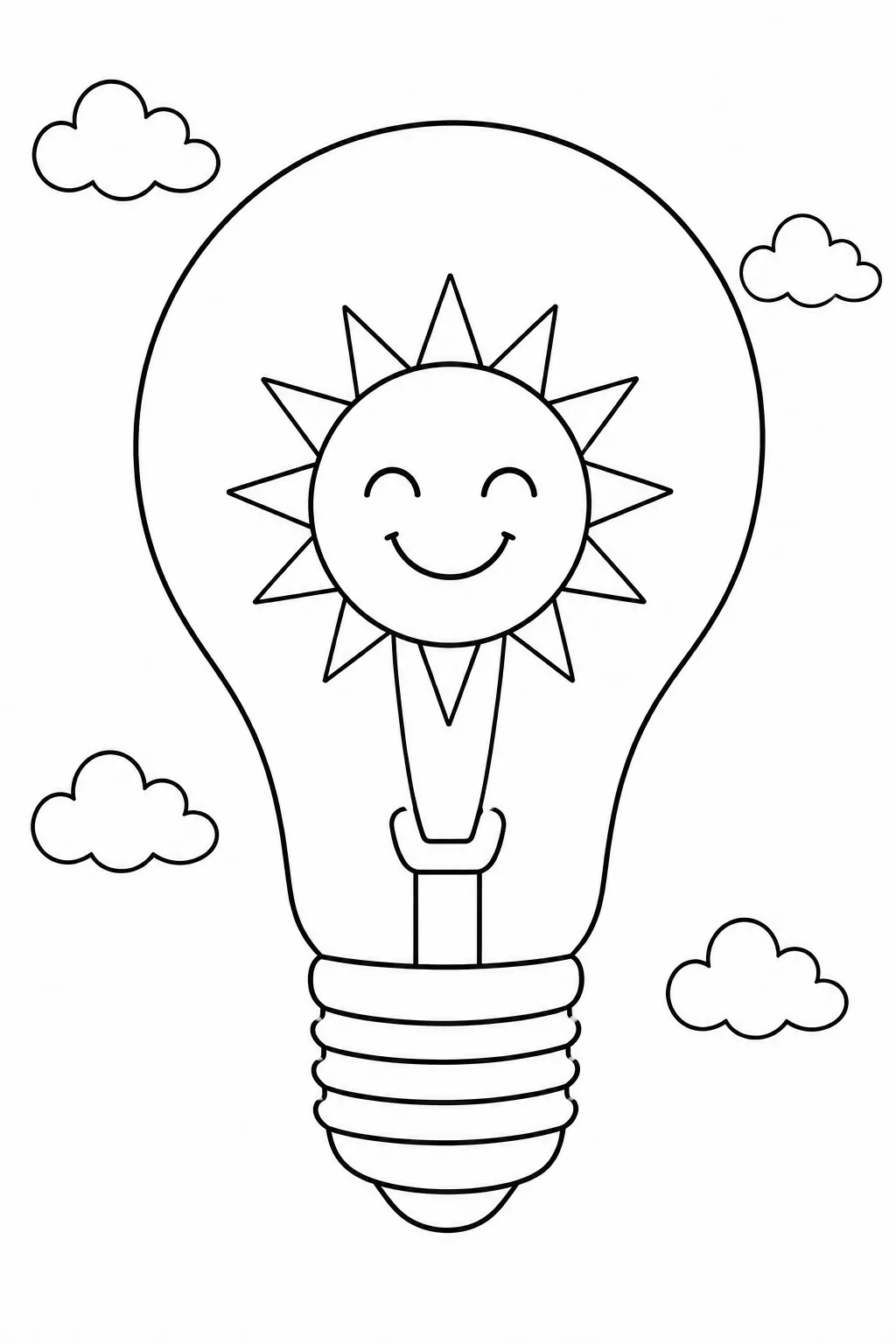 Happy smiling sun with pointed rays enclosed within a light bulb surrounded by soft fluffy clouds.