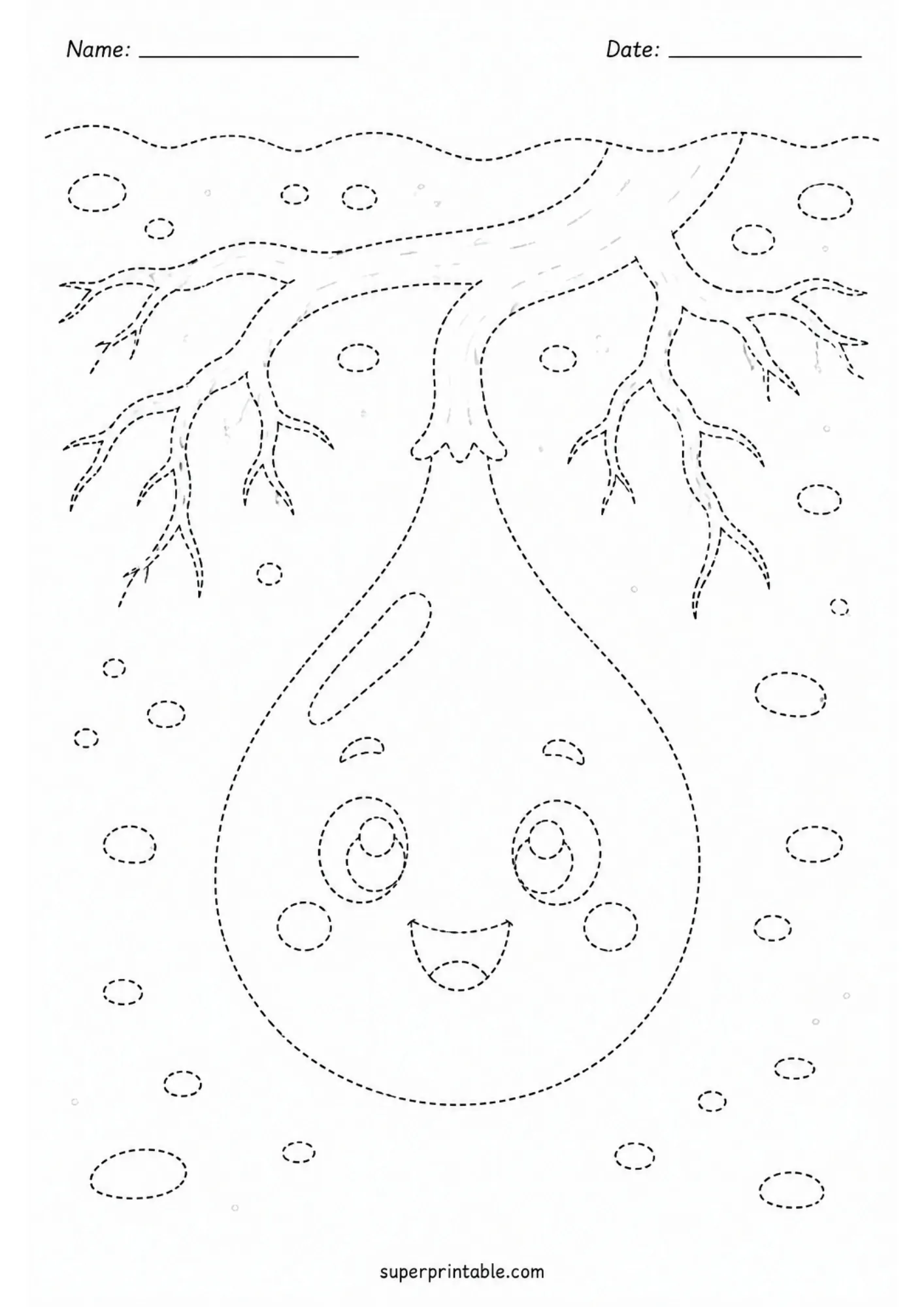 Happy cartoon water droplet surrounded by tree roots underground tracing page for children.