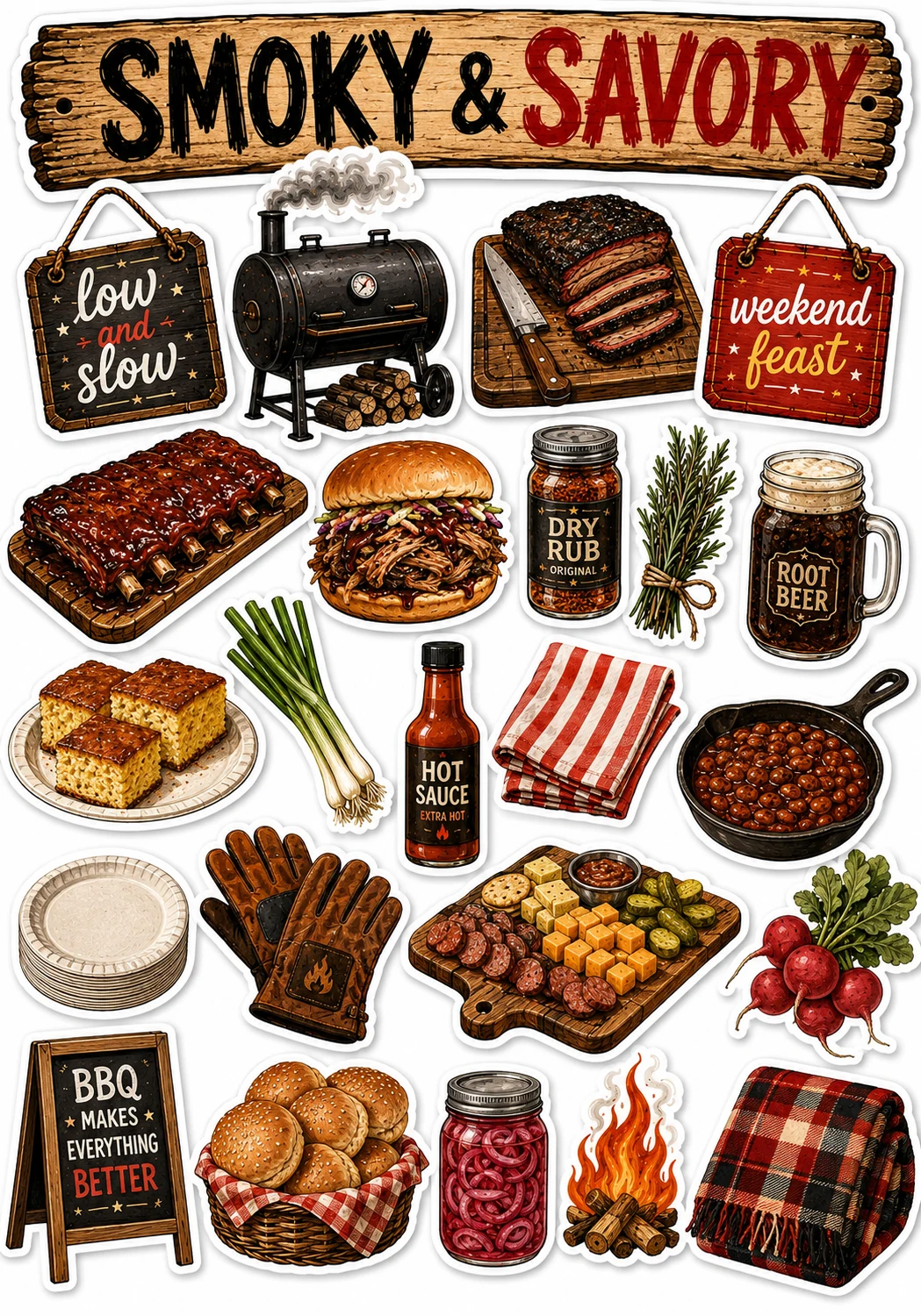 Smoky and Savory Ribs Burger BBQ Sheet featuring backyard BBQ, grill master equipment, smoked meats, and summer cookouts.