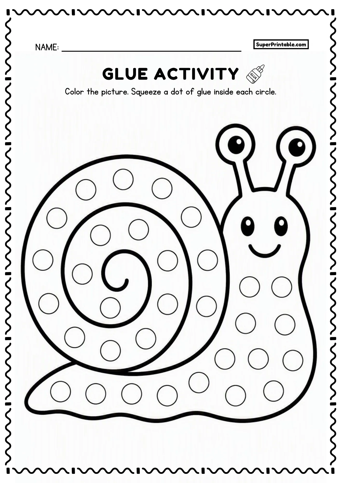 Dot glue insects worksheet featuring a cute snail with spiral shell and dot circles for preschoolers