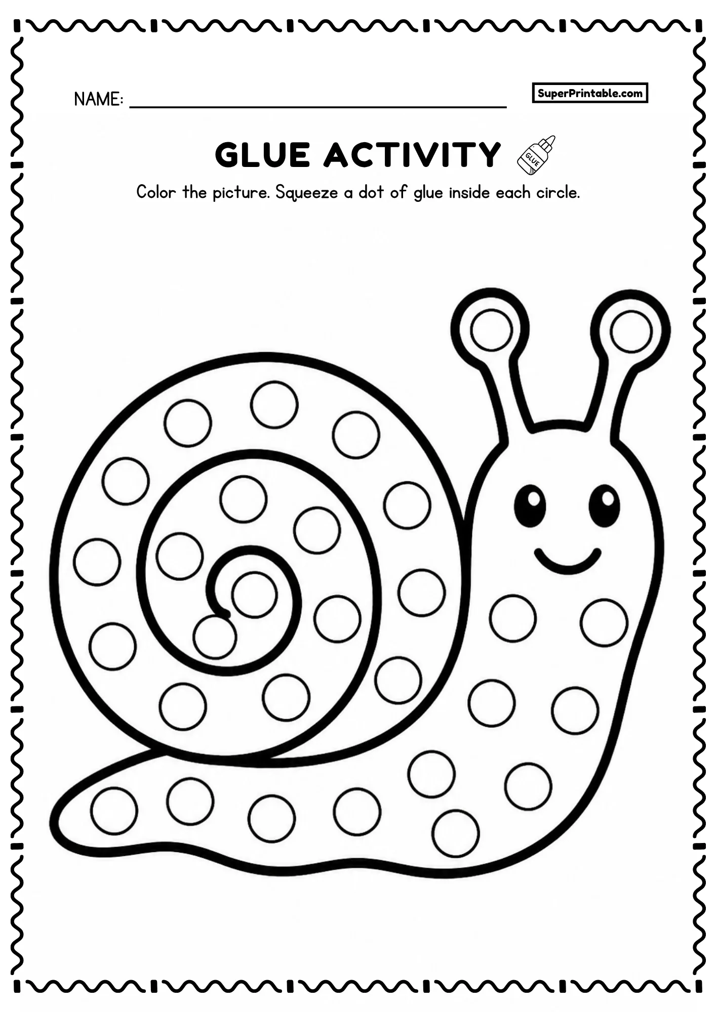 Garden snail printable glue worksheet with spiral shell and dot circles for preschoolers