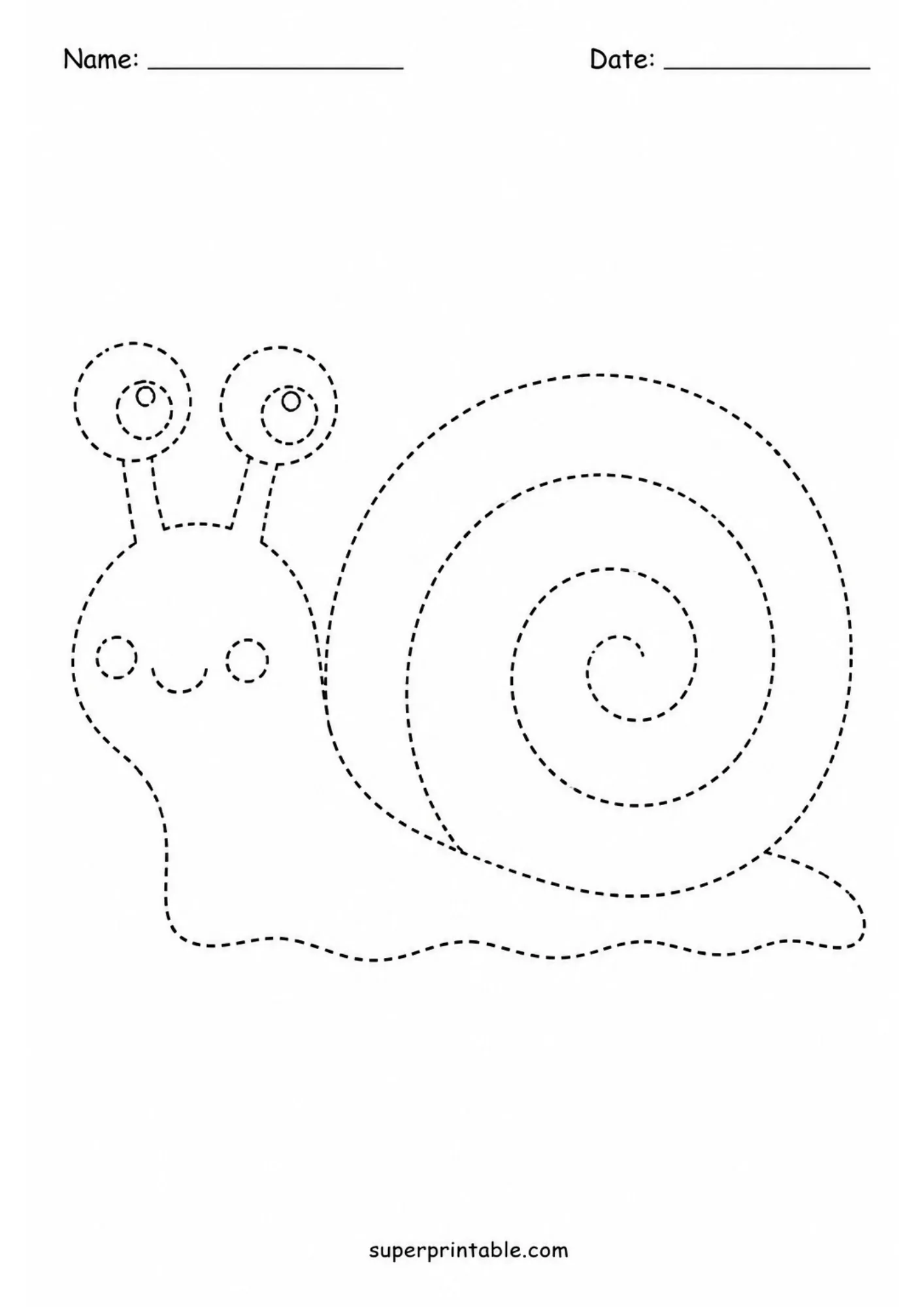 Printable snail line tracing worksheet with spiral shell pattern for preschoolers.