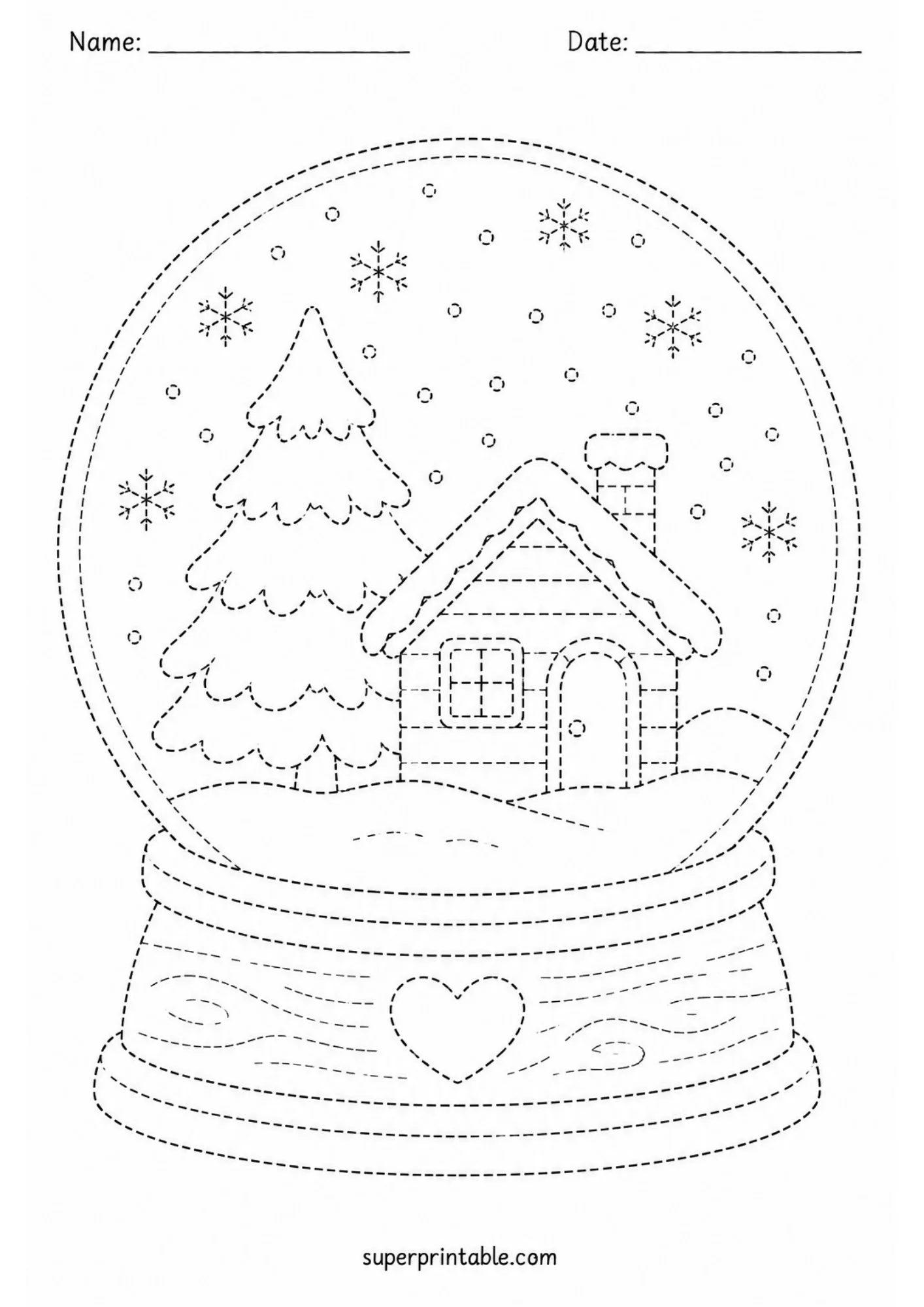 Detailed tracing page showing a cozy cabin inside a decorative snow globe with falling snowflakes.