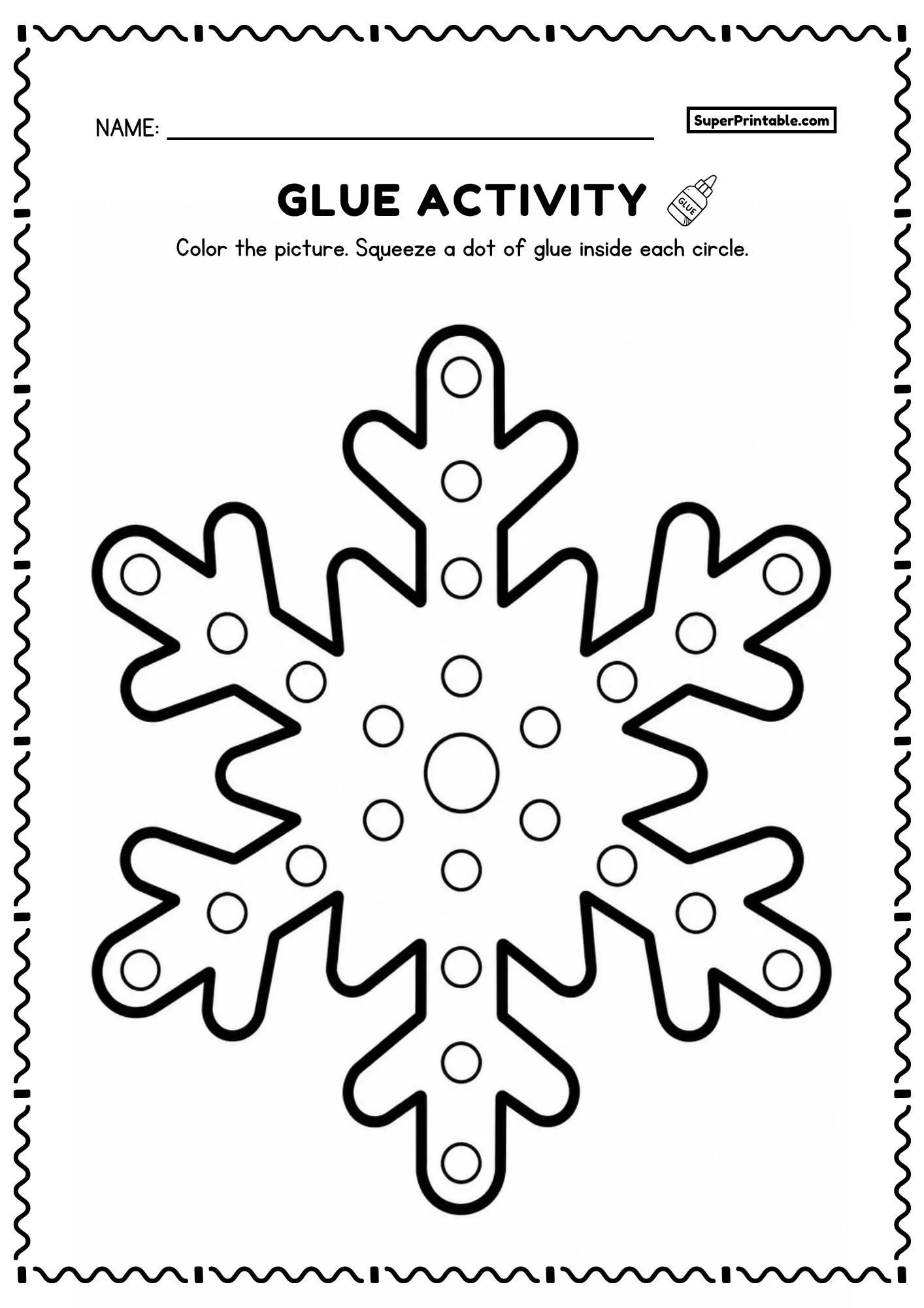 Large snowflake glue activity with circles for winter weather fine motor practice