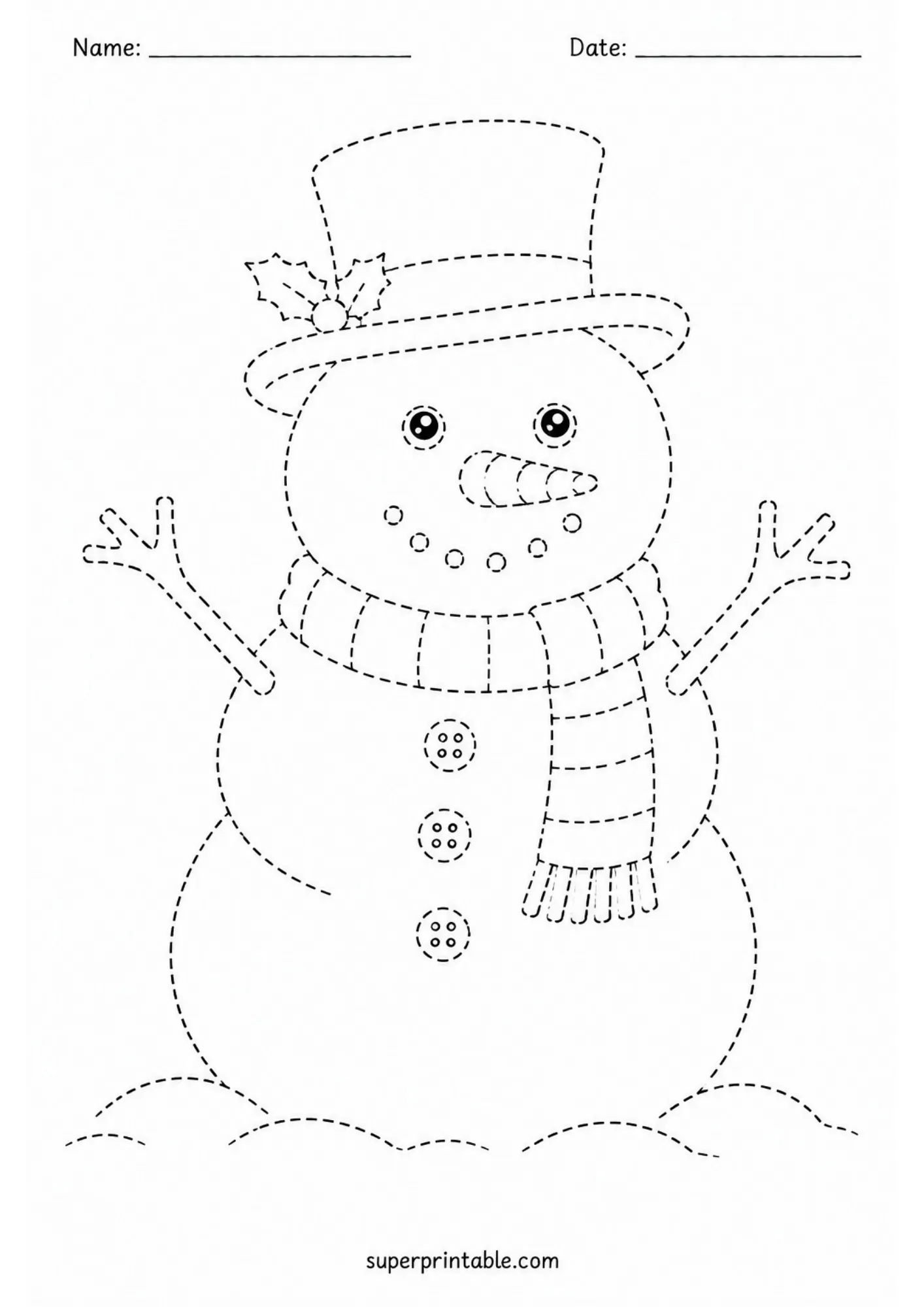 Tracing worksheet featuring a cheerful snowman in a top hat and scarf for winter activity worksheets practice.