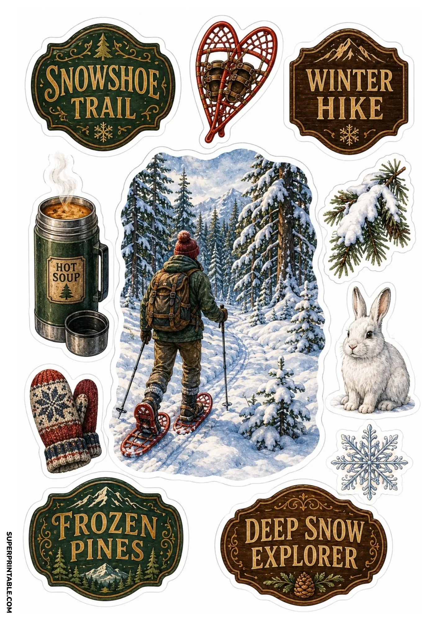 Winter snowshoeing sticker sheet depicting a hiker in a snowy forest, traditional snowshoes, hot soup thermos, mittens, white rabbit, and winter badges.