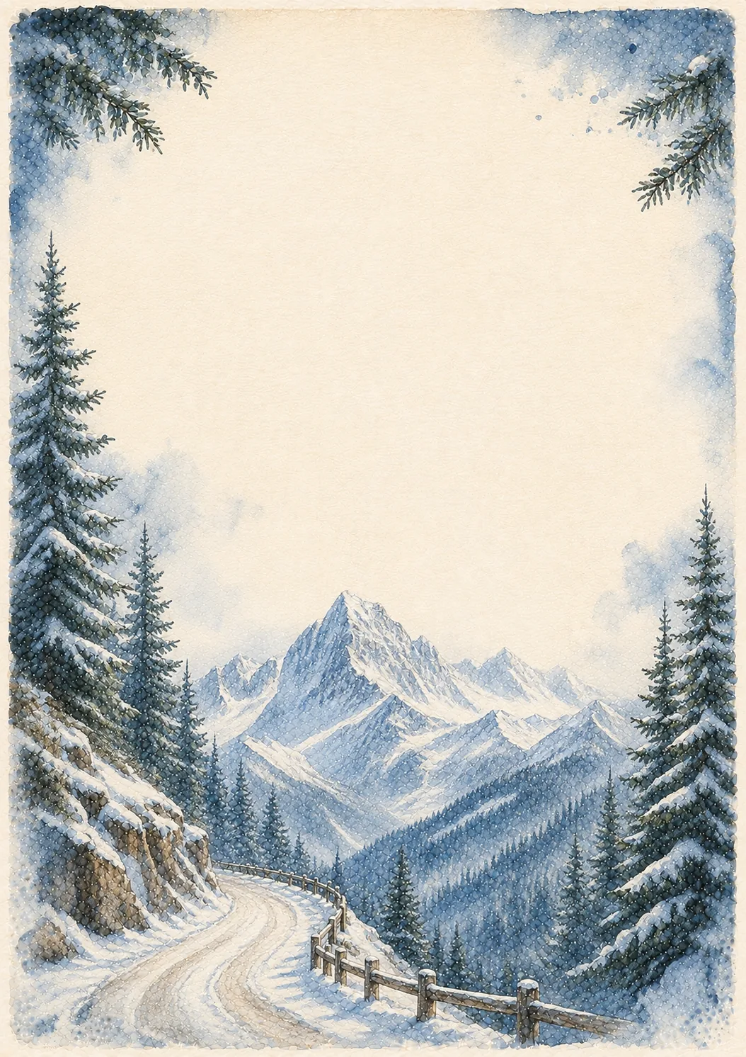 Winding snowy road surrounded by winter pine trees leading toward Bavarian Alps mountain peaks.