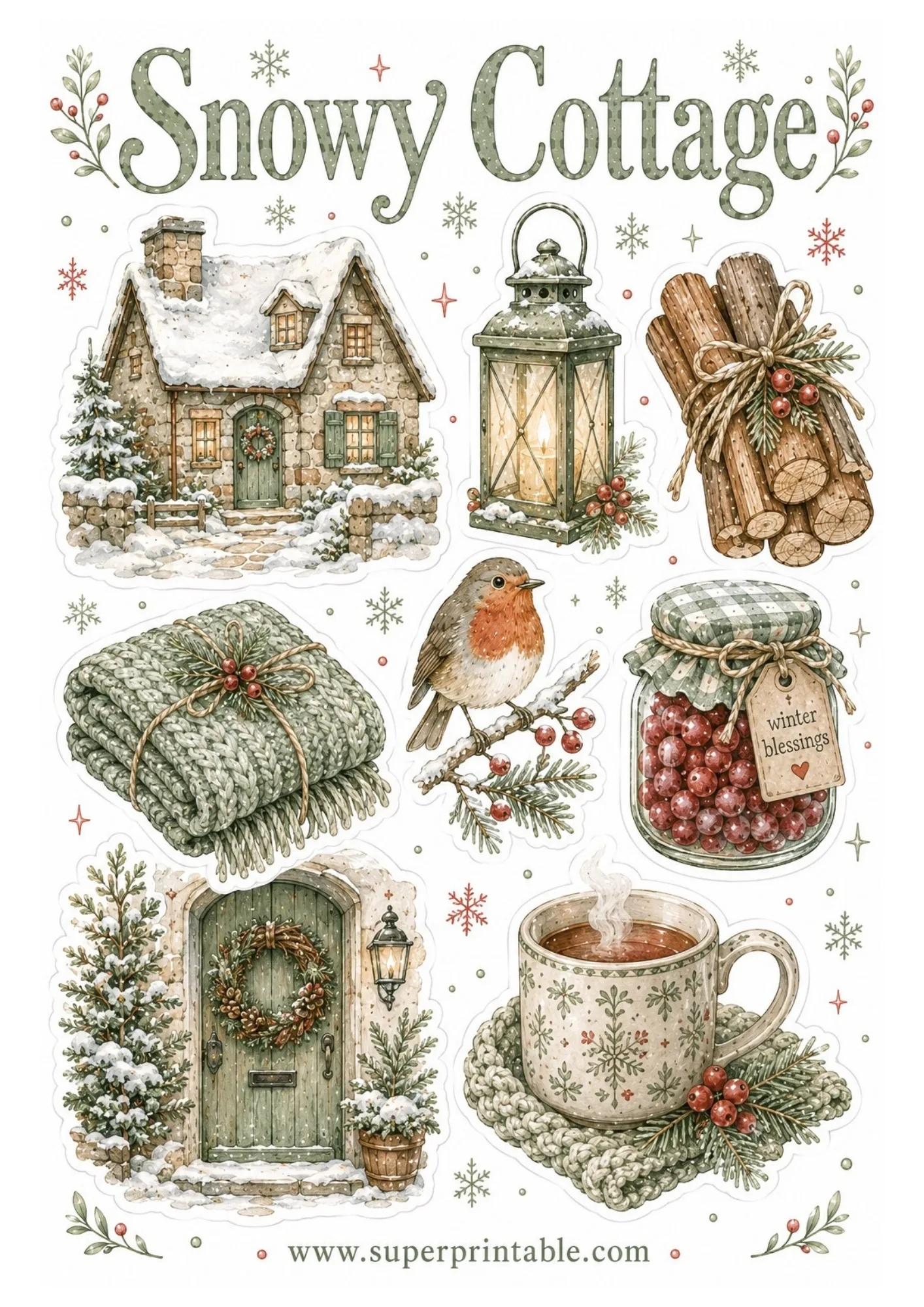 Printable cozy winter cottage sticker sheet featuring watercolor snow cottage, lantern, firewood bundle, knit blanket, robin bird, berry jar, and wreath door.