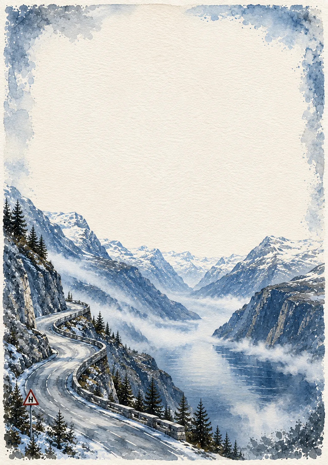 Blue watercolor washed border frame around a winding alpine road descending into a misty fjord valley.