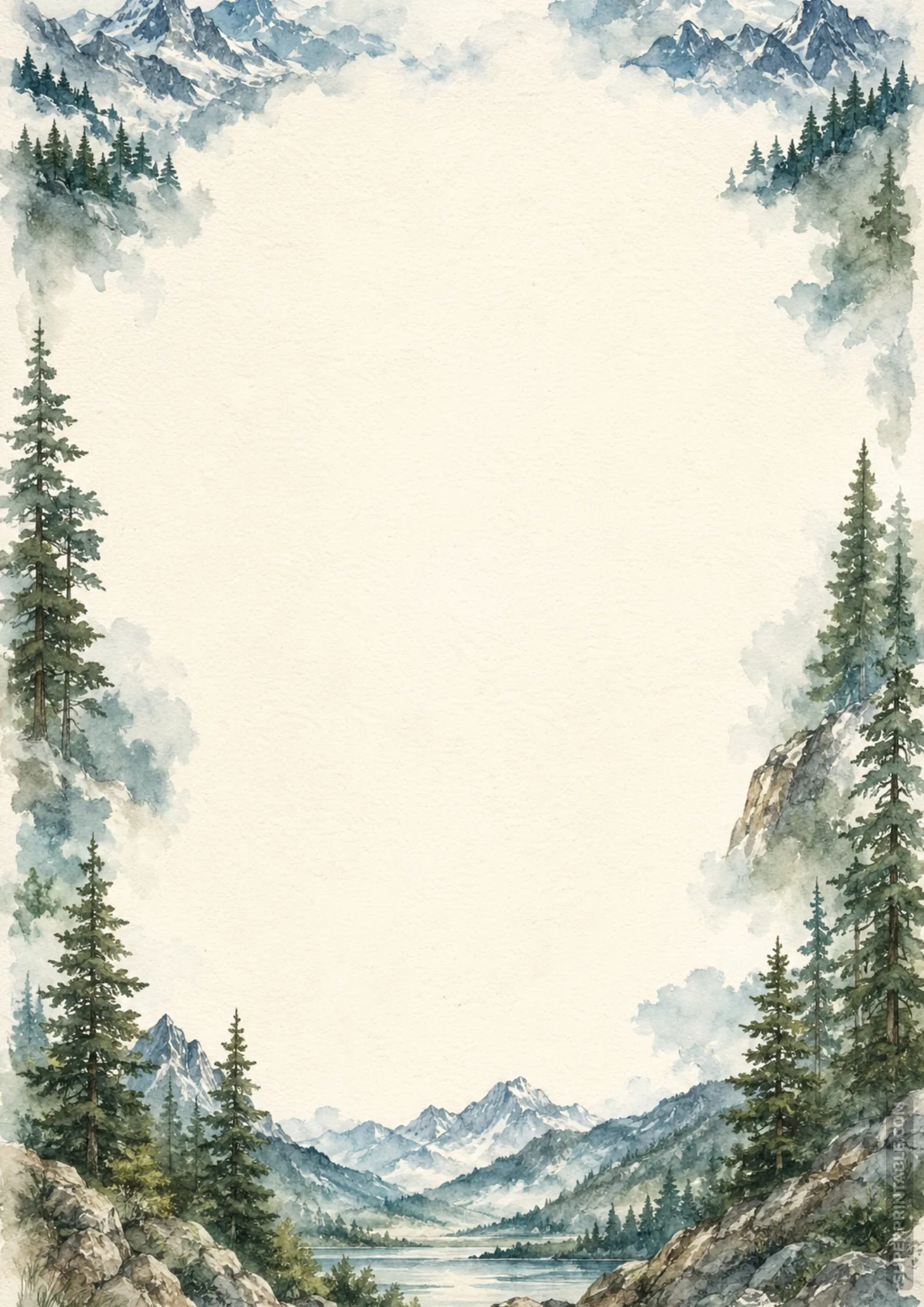 Watercolor mountain wilderness washed border pages with pine trees, misty peaks, and central blank writing space.