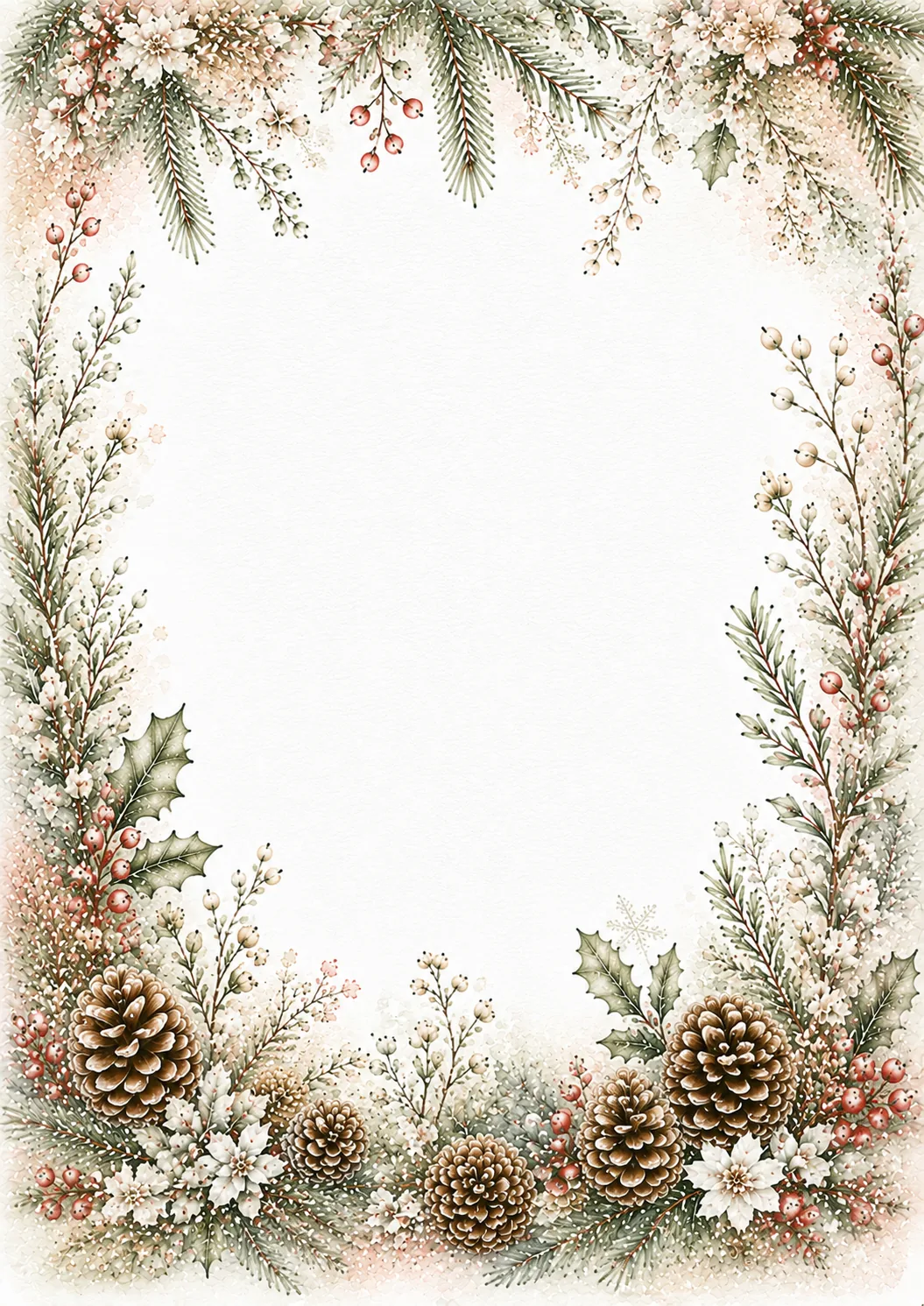 Snowy Christmas border featuring pine branches, pinecones, berries, and a softly framed center