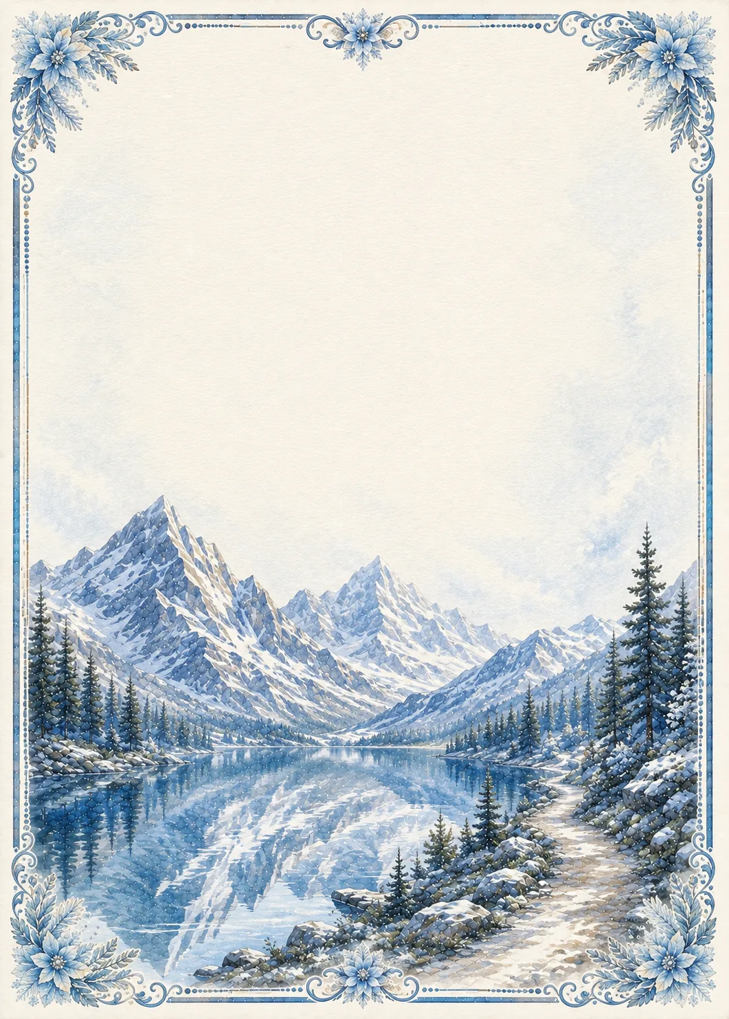 Canadian rockies washed border pages displaying snowy mountain peaks reflected in a pristine alpine lake.