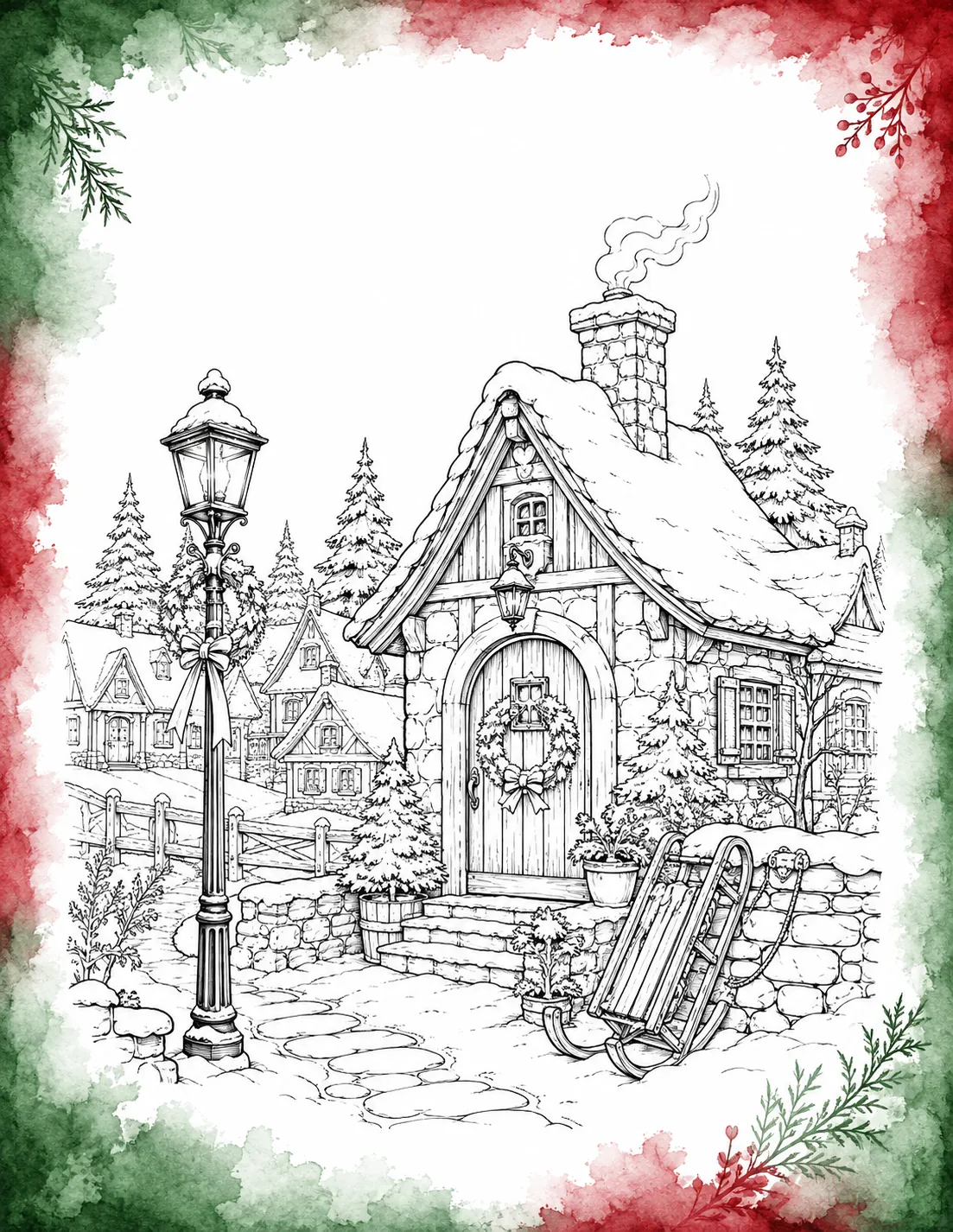 Winter snow cottage coloring page with snow on the roof, a front door Christmas wreath, a vintage wooden sled, and a decorated lamp post in a green and red border.