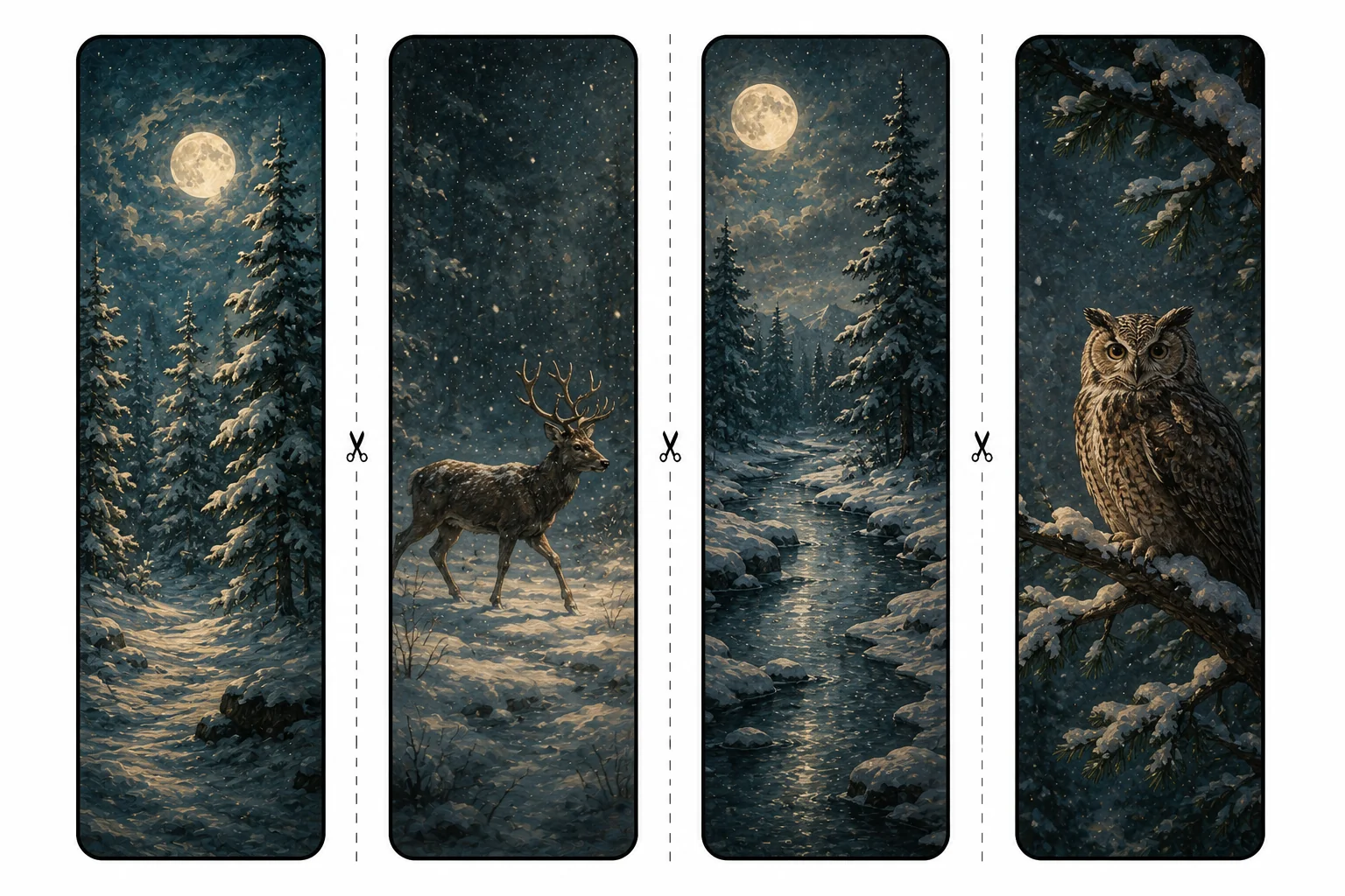 Four printable winter bookmarks with moonlit snowy pines, a walking deer, a frozen stream, and an owl on a snowy branch