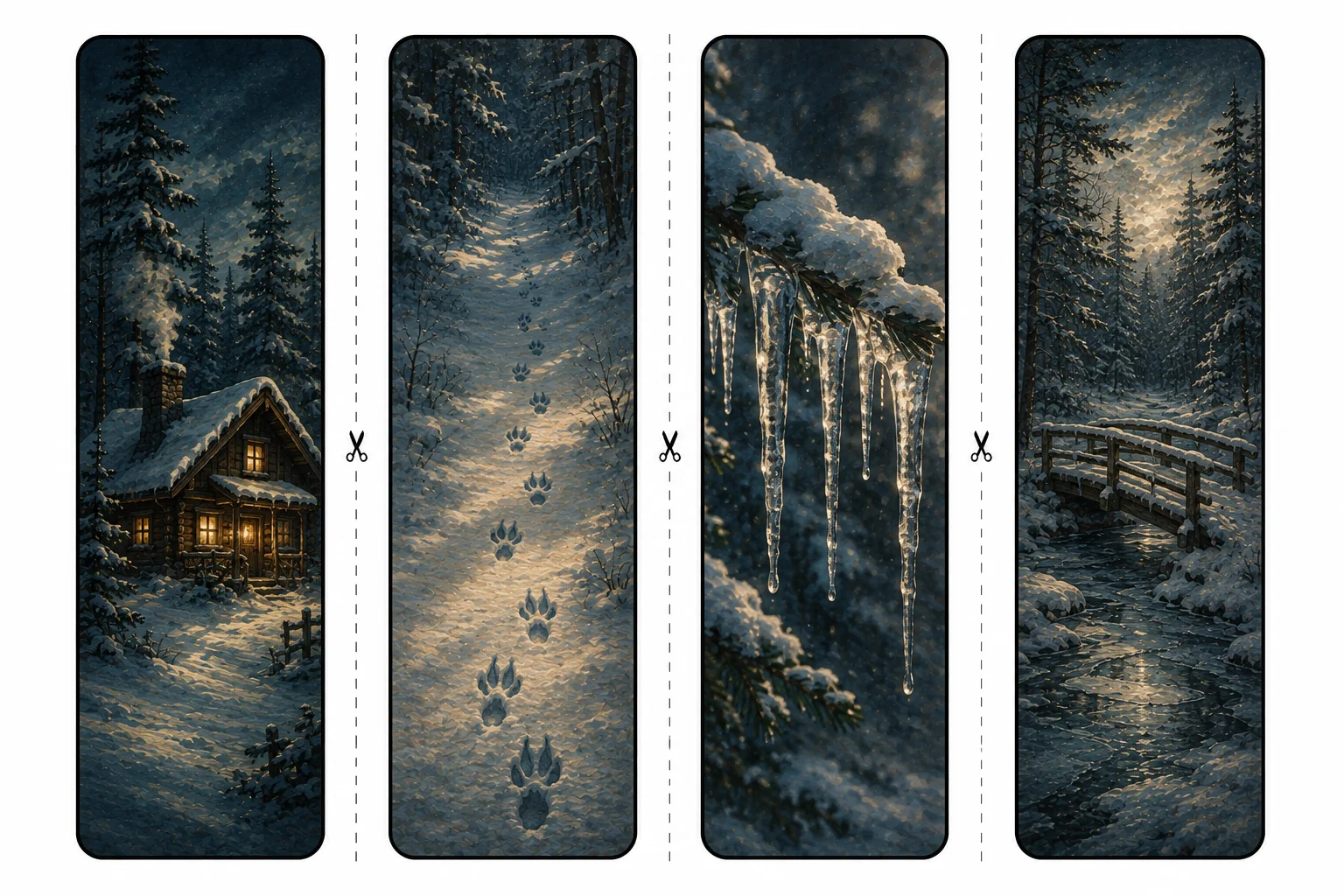 Four printable winter bookmarks with a glowing snowy cabin, animal tracks, glowing icicles, and a wooden bridge over a frozen stream