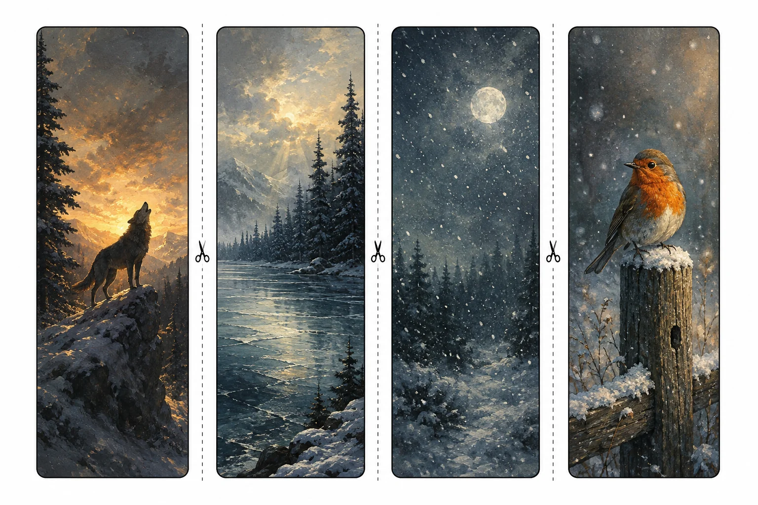 Four printable winter bookmarks with a wolf on a ridge at sunset, a frozen lake, falling snow at night, and a robin on a fence post