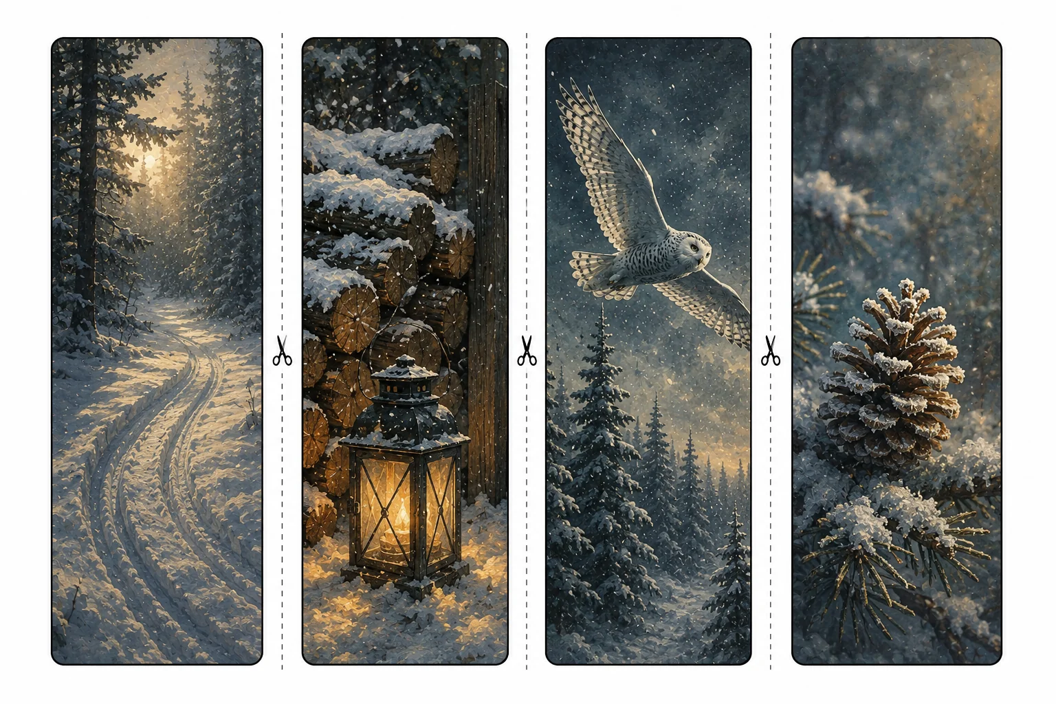 Four printable winter bookmarks with sled tracks in snow, a lantern by a woodpile, a snowy owl in flight, and a frosted pinecone