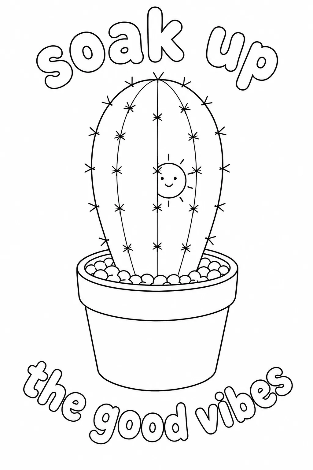 Potted cactus with a smiling sun peeking from behind it.