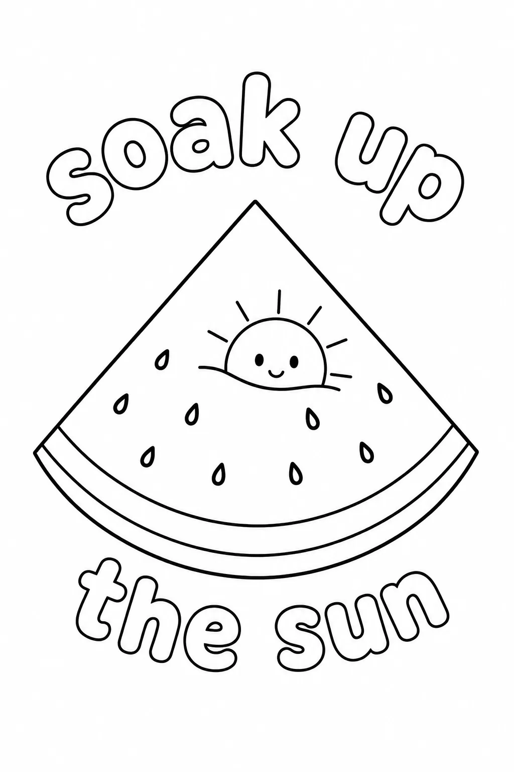 Smiling sun peeking out from a watermelon slice coloring sheet for summer fun.