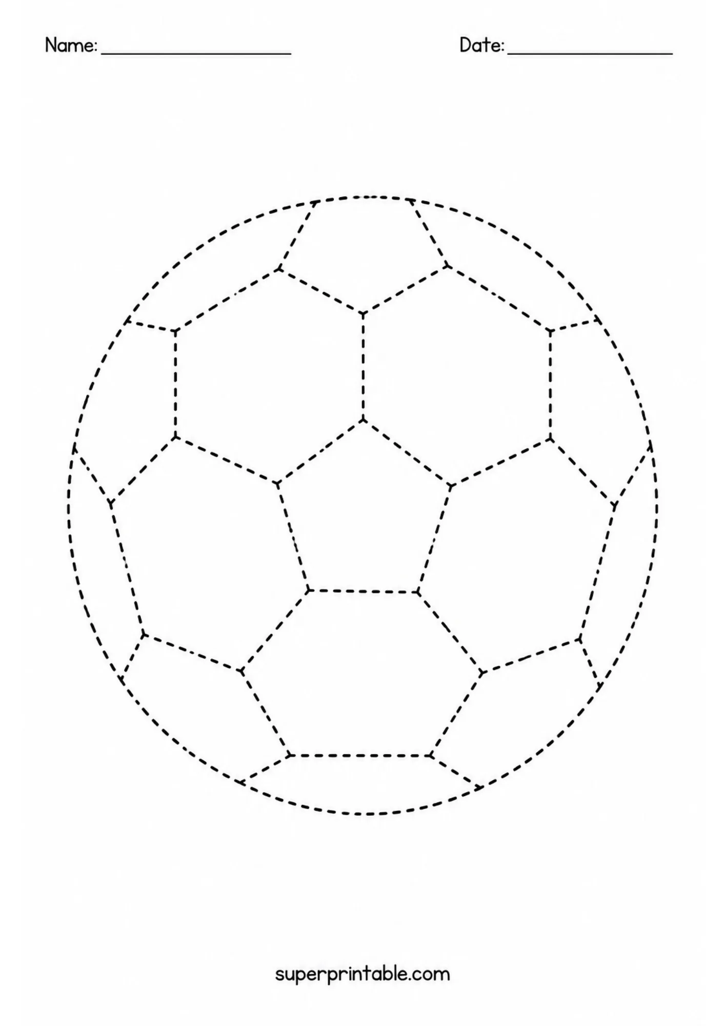 Sports and games activity worksheet featuring a soccer ball line tracing activity.