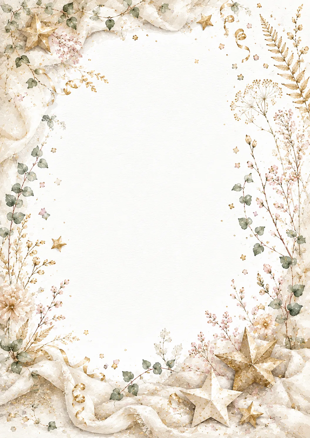 Printable stationery with flowing fabric, floral corners and sparkling gold star decorations.