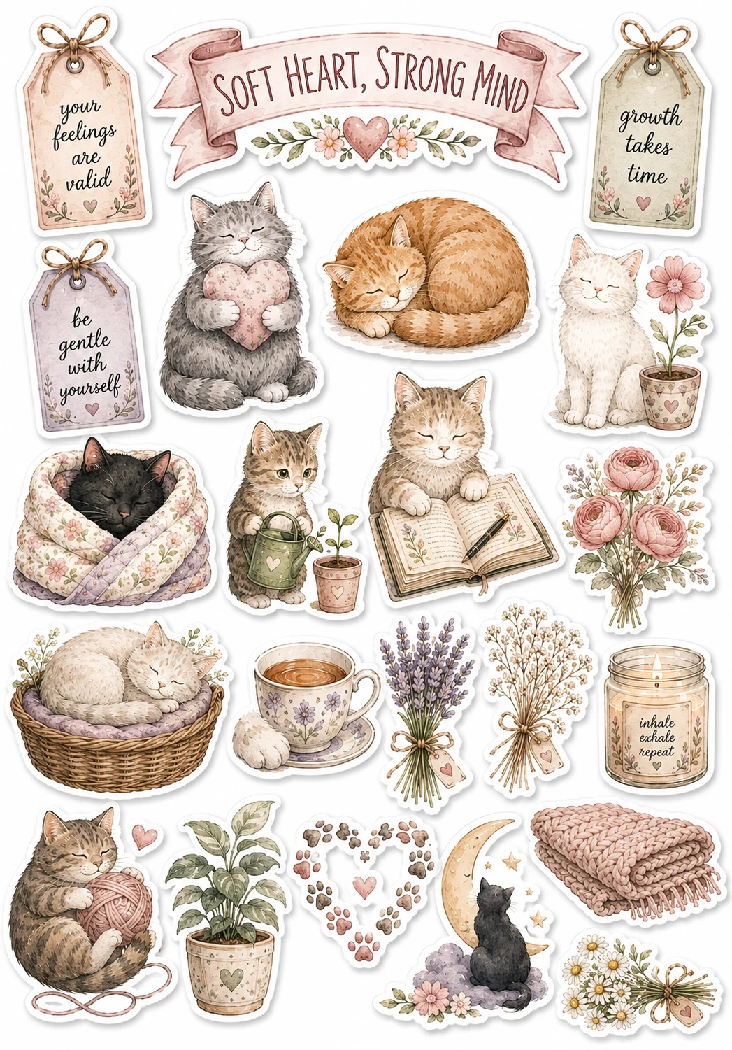Soft Heart Strong Mind Moon Fluffy Cat Sheet featuring cozy cats, mental health self-care, mindfulness, and gentle affirmations.