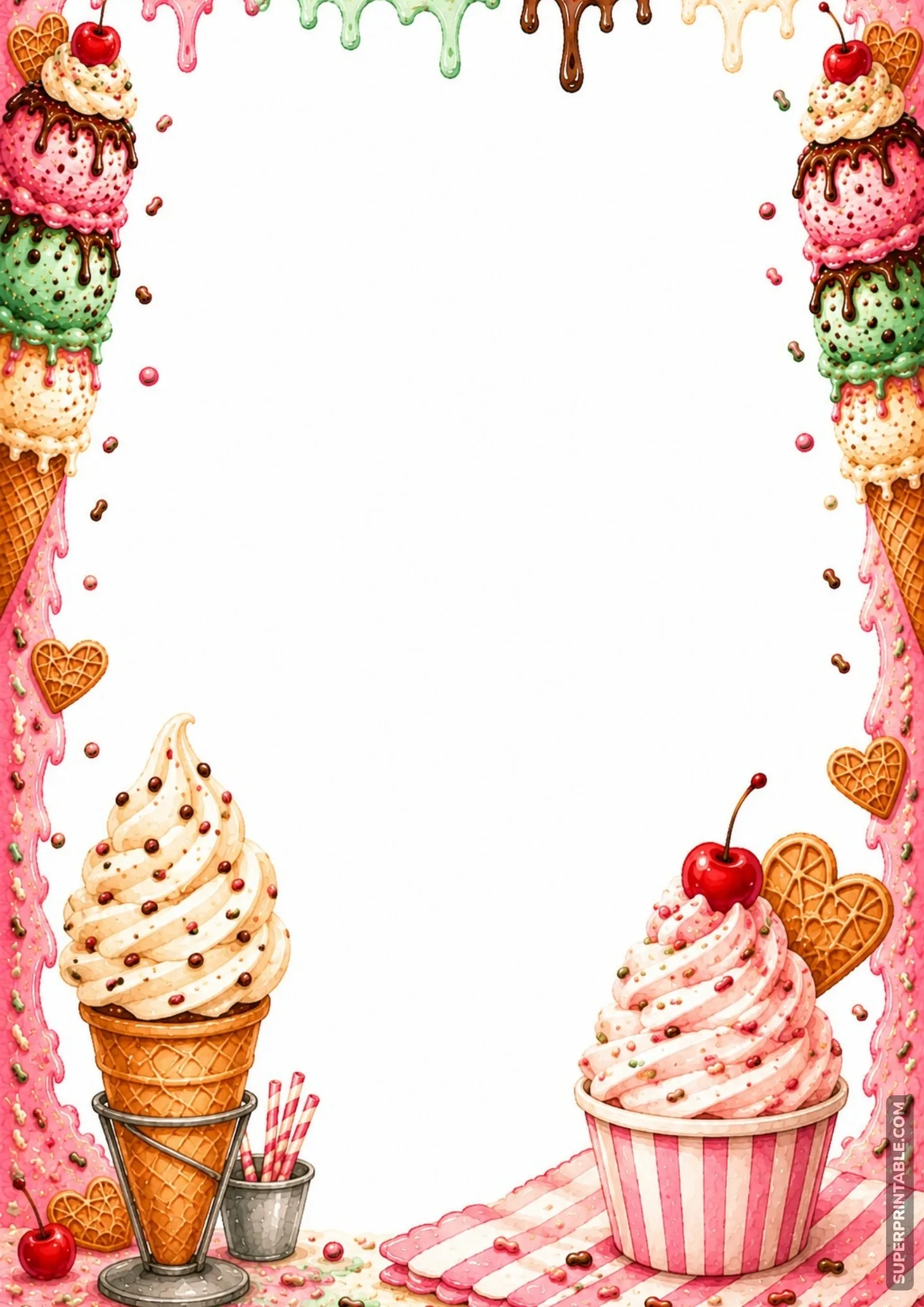 Swirled soft serve ice cream cone and cup placed on a striped pink napkin border.