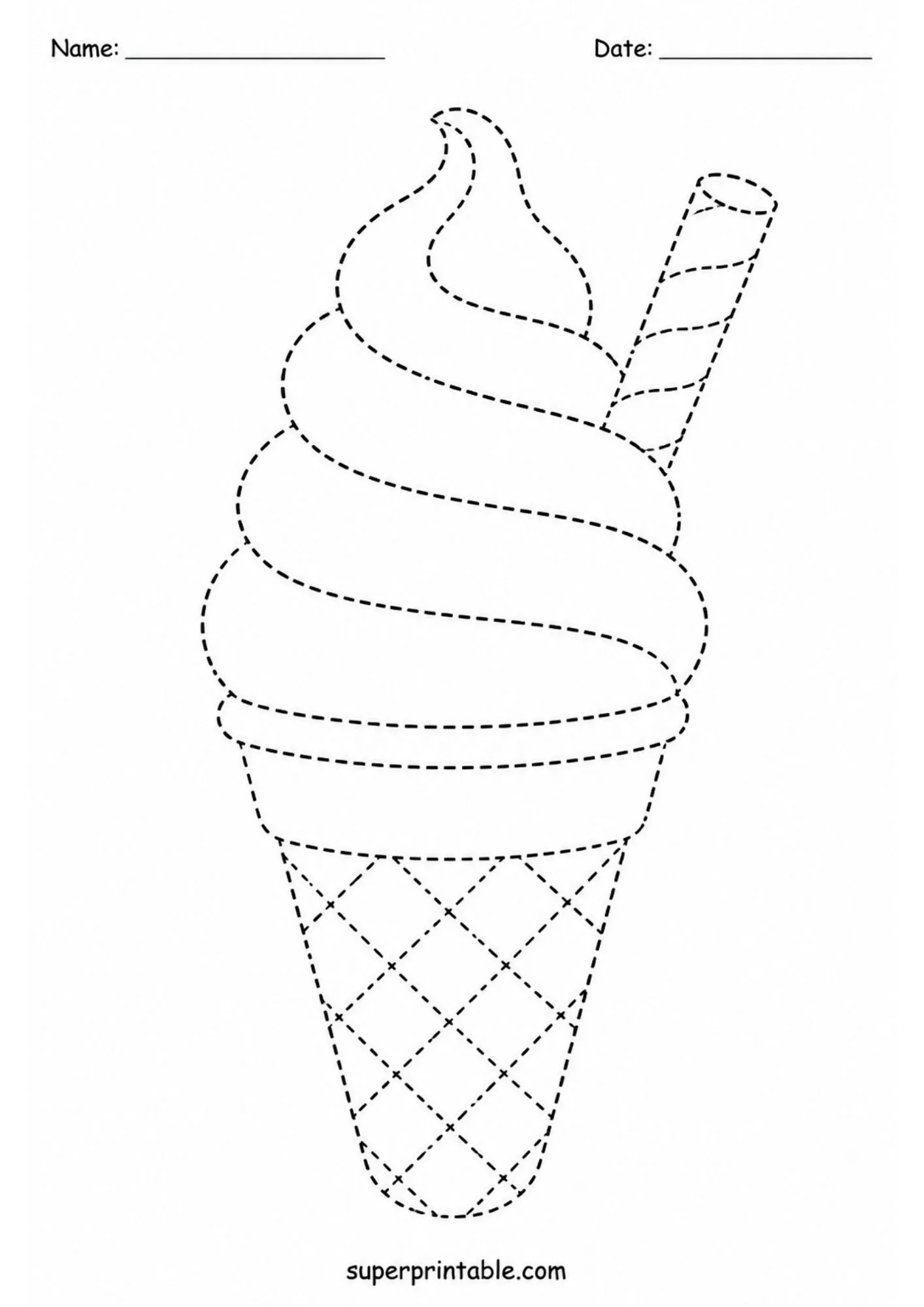 Tracing worksheet of soft serve ice cream in a waffle cone with a wafer stick.