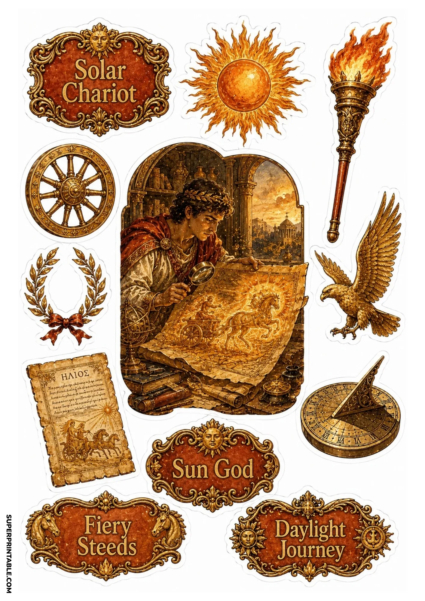 Scholar studying Helios sun chariot map with radiant sun emblem, bronze torch, and brass sundial.
