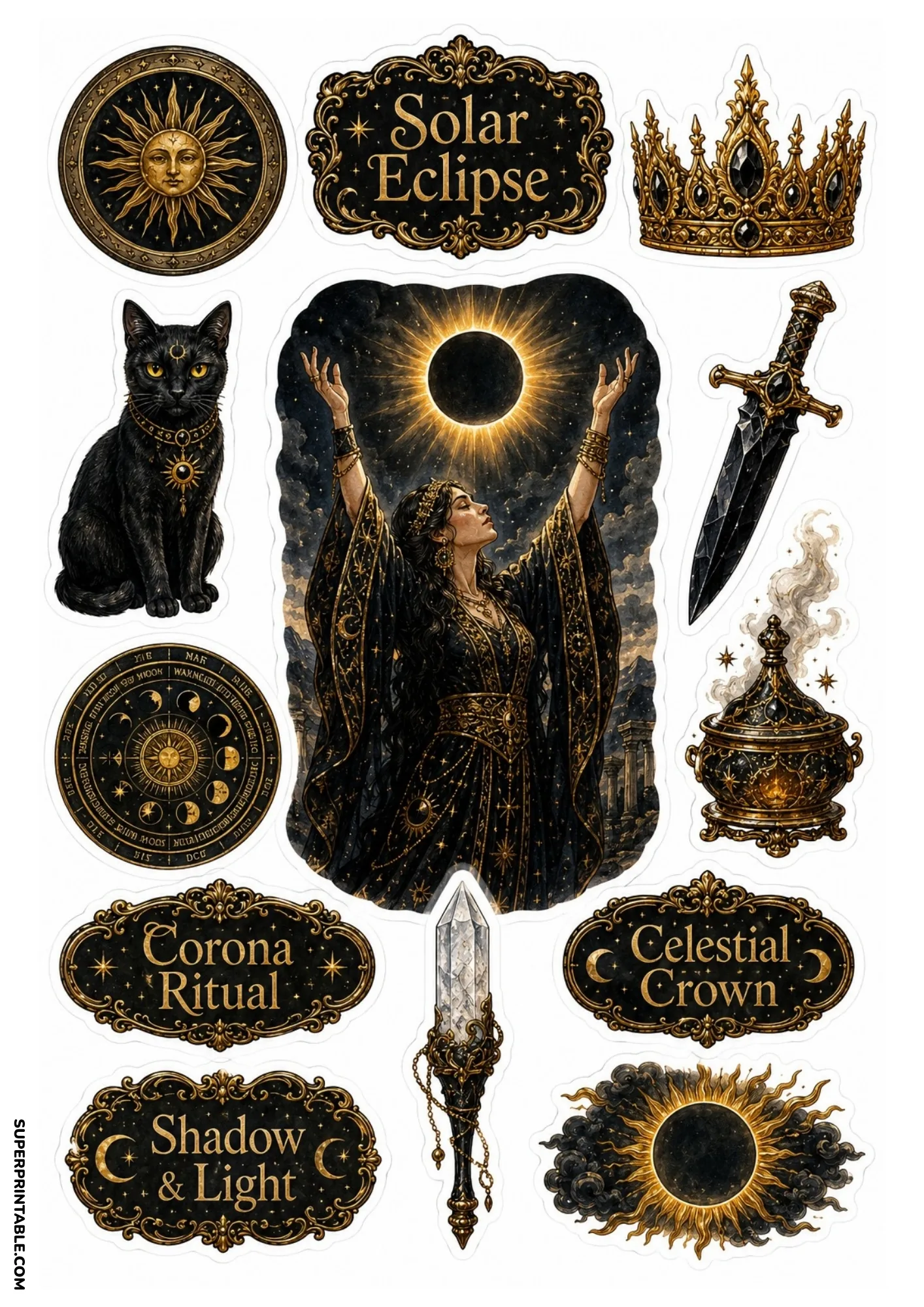 Priestess raising hands to total solar eclipse with golden crown, black cat, ritual dagger, and quartz wand.
