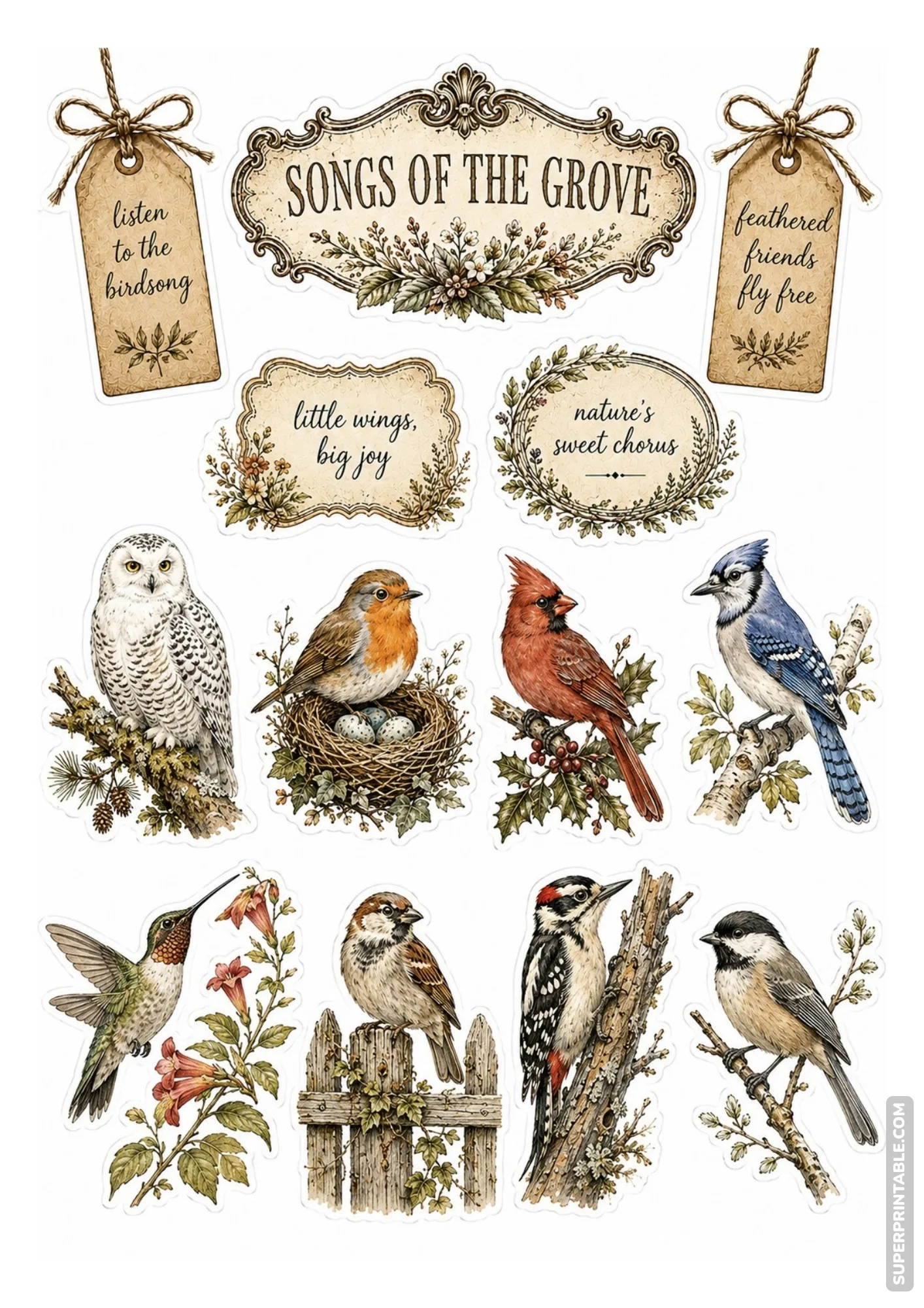 Vintage bird illustration sticker sheet showcasing songbirds, owls, cardinals, and blue jays.