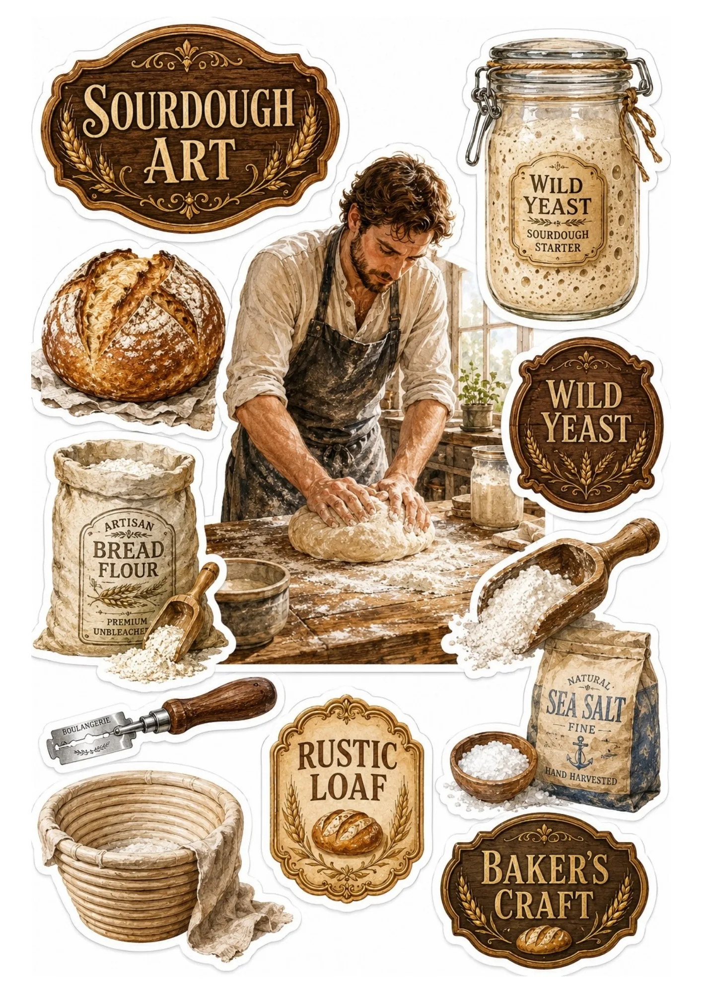 Sourdough bread sticker sheet showing a baker kneading dough, sourdough starter jar, flour sack, and banneton basket.