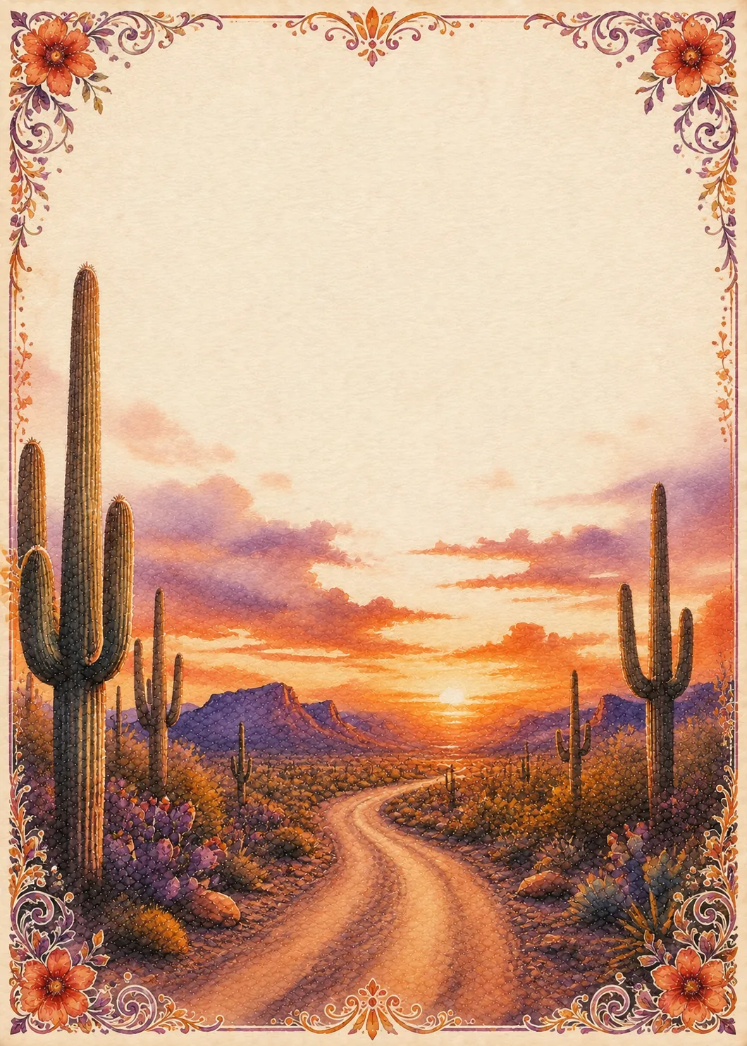 Winding desert road surrounded by tall saguaro cacti under a golden Southwestern sunset horizon.