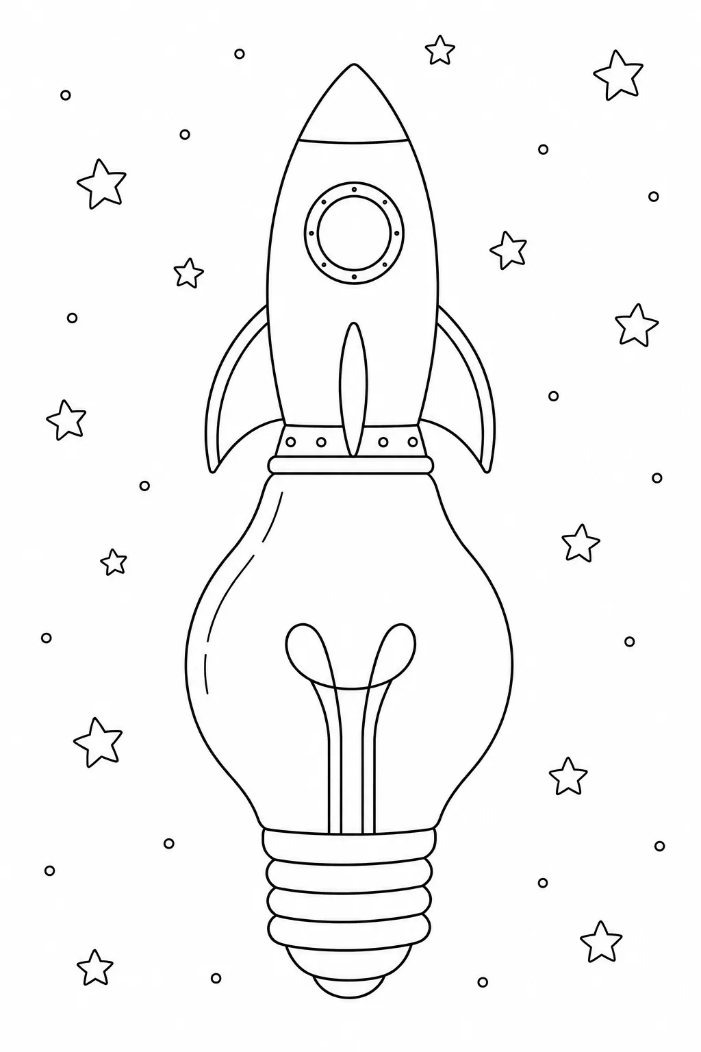 Space rocket launching upward from a light bulb with twinkling stars filling the background.