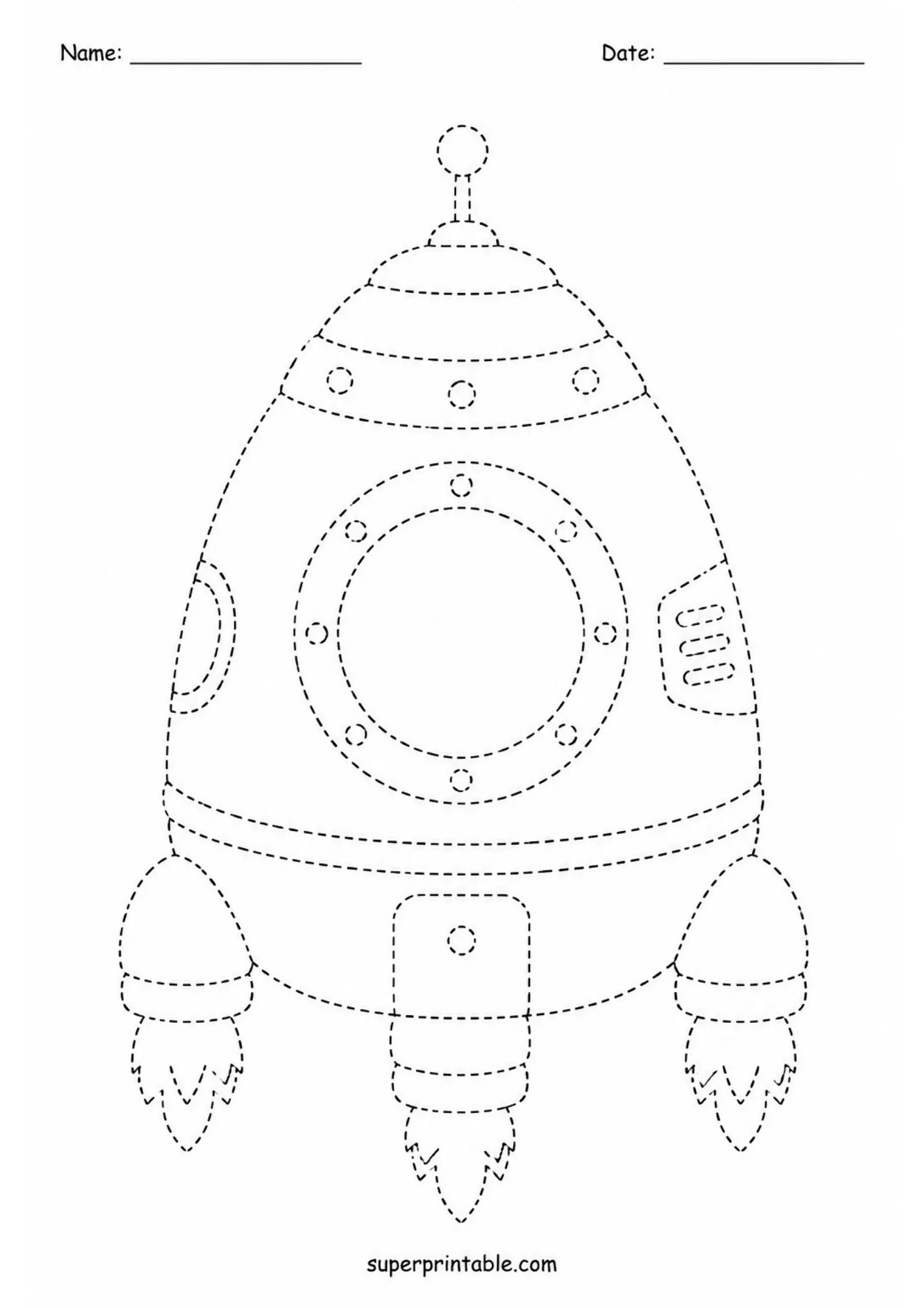 Line tracing sheet of a toy space rocket ship with thruster flames ready for kids to color and trace.
