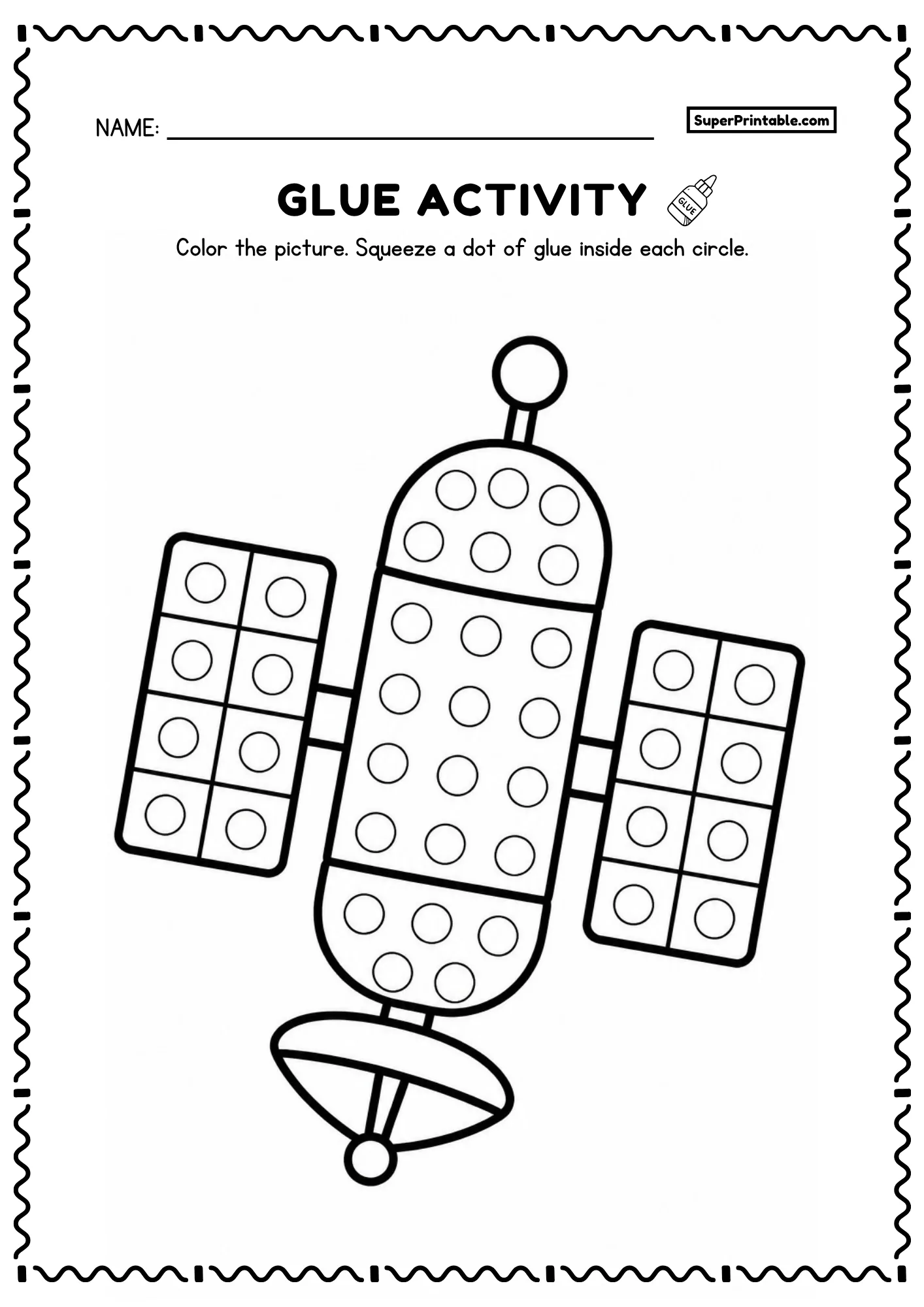 Satellite space dot glue worksheets activity with solar panels and circles for kids