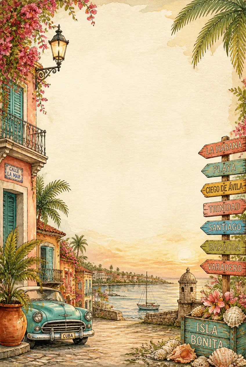 Spanish coastal buildings and golden sand dunes watercolor frame on a blank stationery sheet.