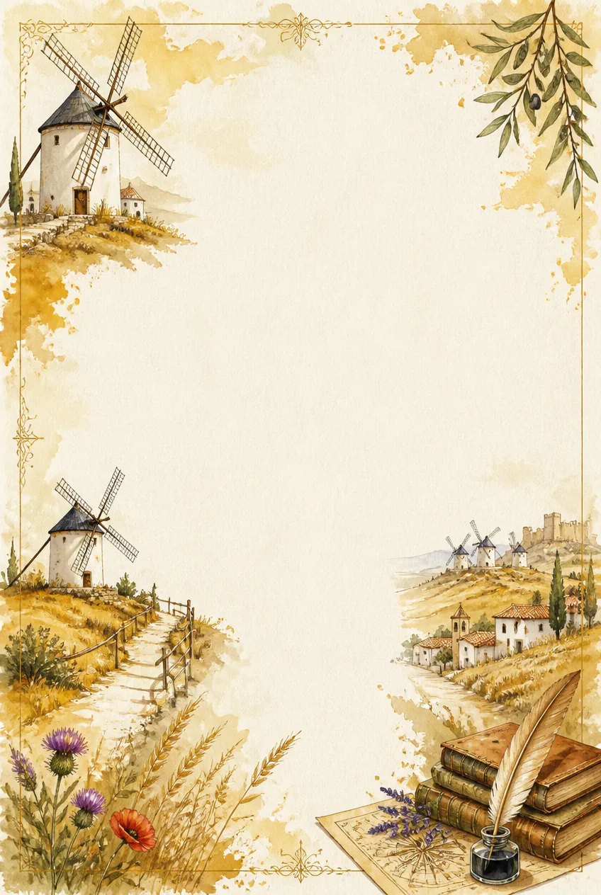 Spanish countryside page border with rustic windmills, wheat stalks, and a feather quill.