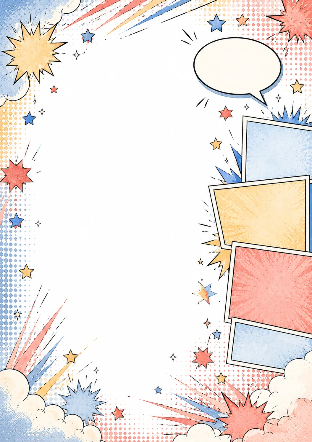 Comic panel border with speech bubble, colorful blocks, stars, clouds, and action bursts
