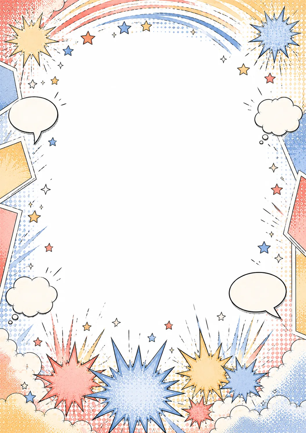 Comic border with two speech bubbles, action bursts, clouds, stars, and colorful accents
