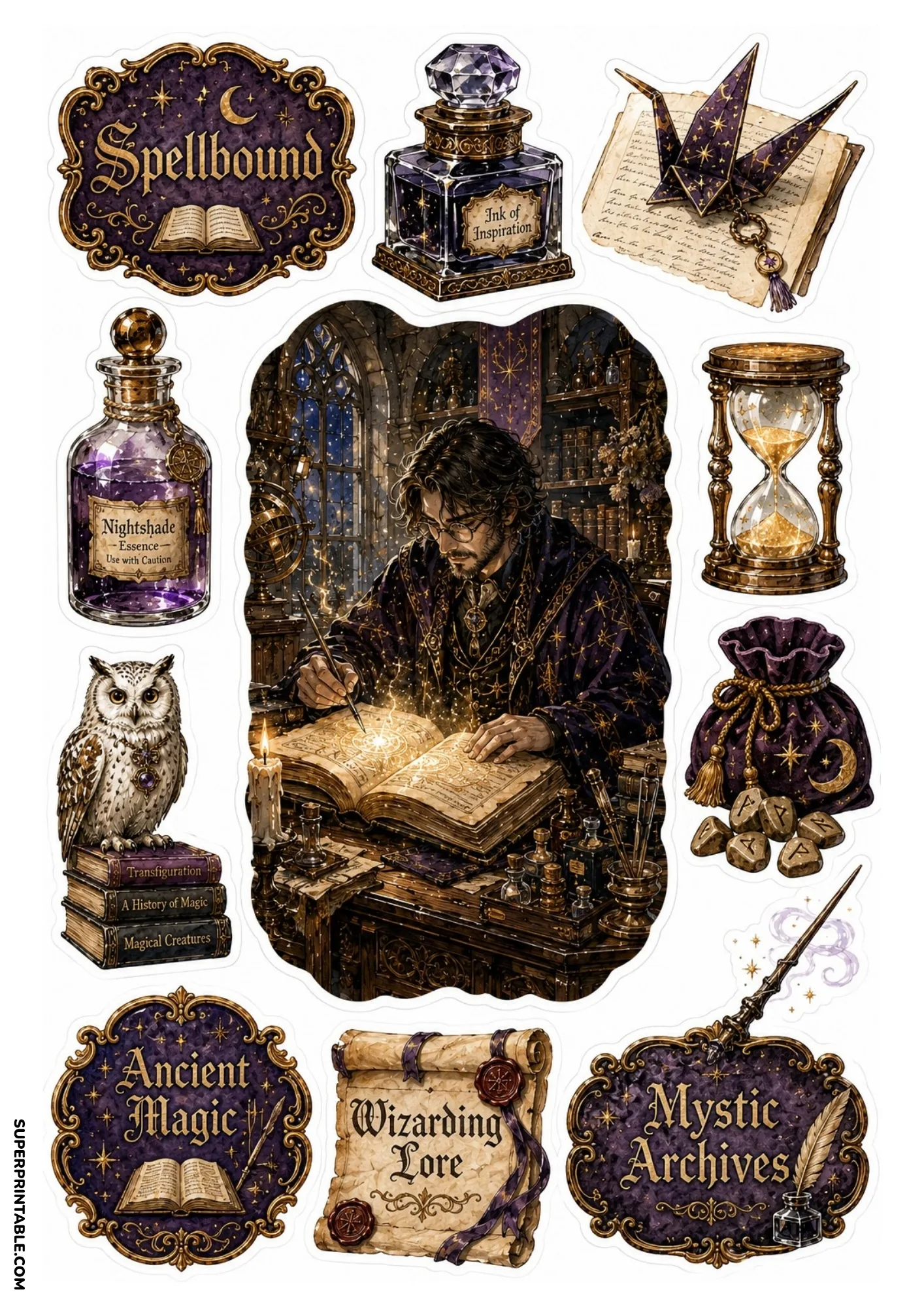 Wizard writing glowing spells in an ancient book surrounded by magical potions, owl, hourglass, and wand.