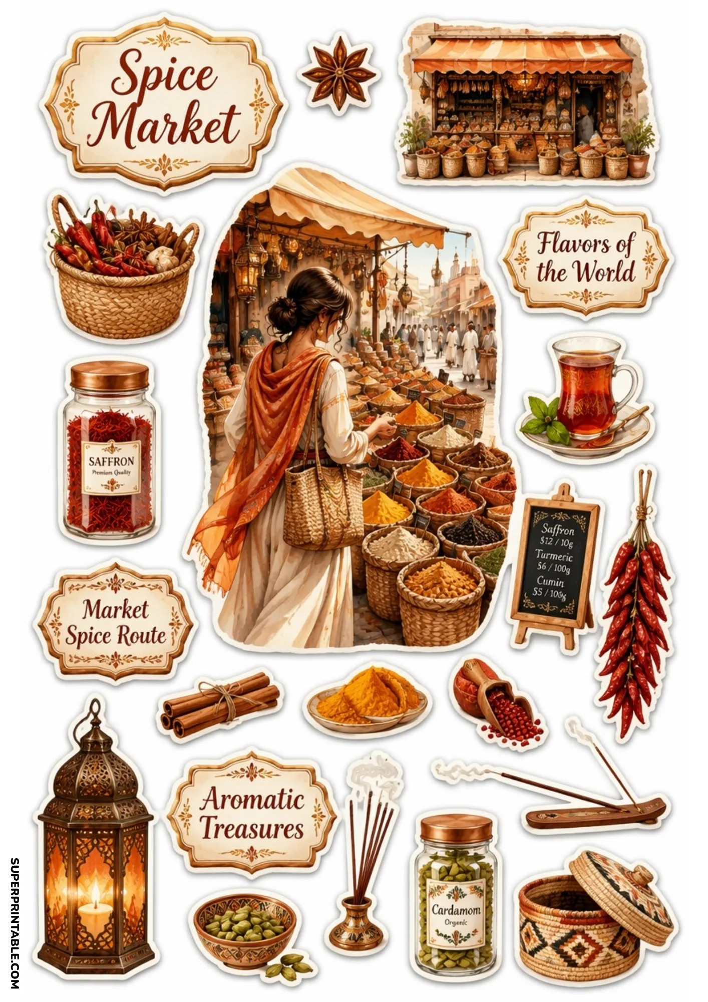 Exotic spice market stickers showing a woman browsing colorful baskets of spices and herbs.