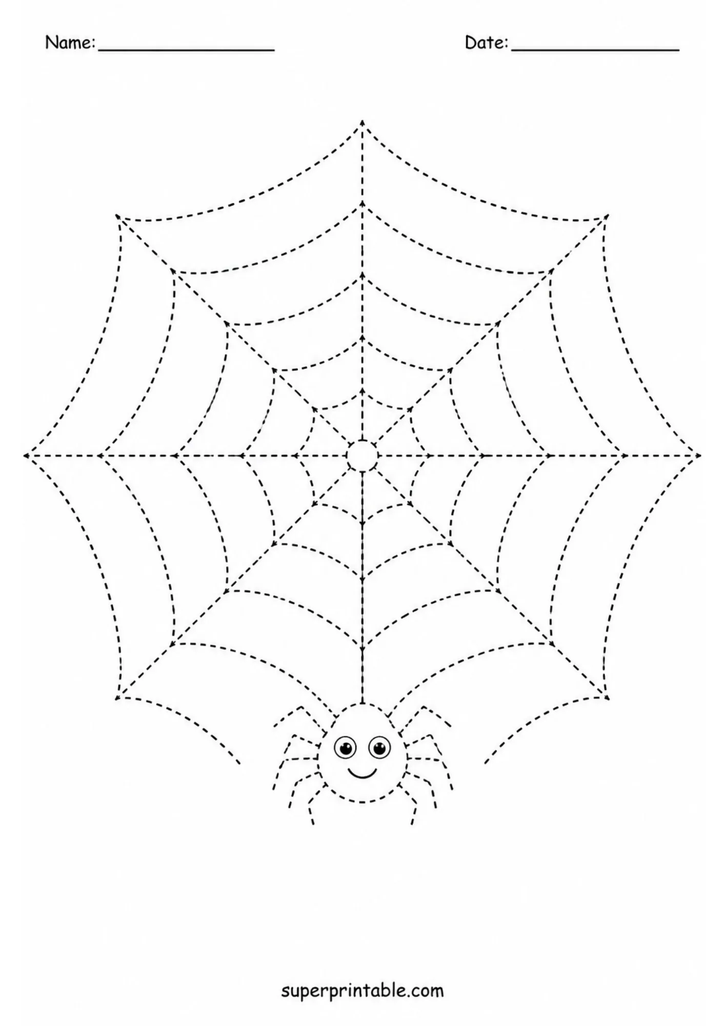 Detailed spider web and cute spider line tracing activity page for preschool learning.